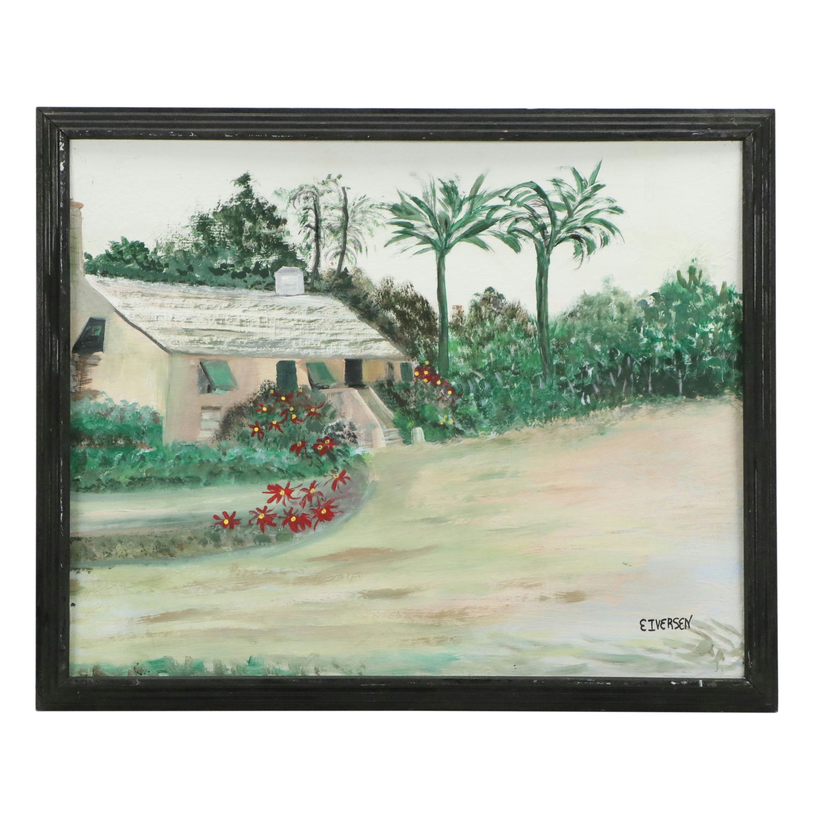 Eileen Iversen Acrylic Painting of Tropical Landscape with Dwelling, 20th C.