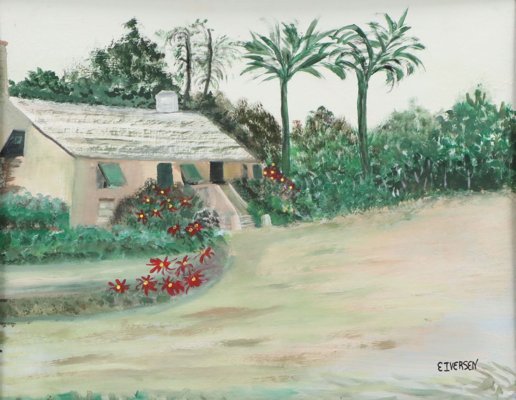 Eileen Iversen Acrylic Painting of Tropical Landscape with Dwelling, 20th C.