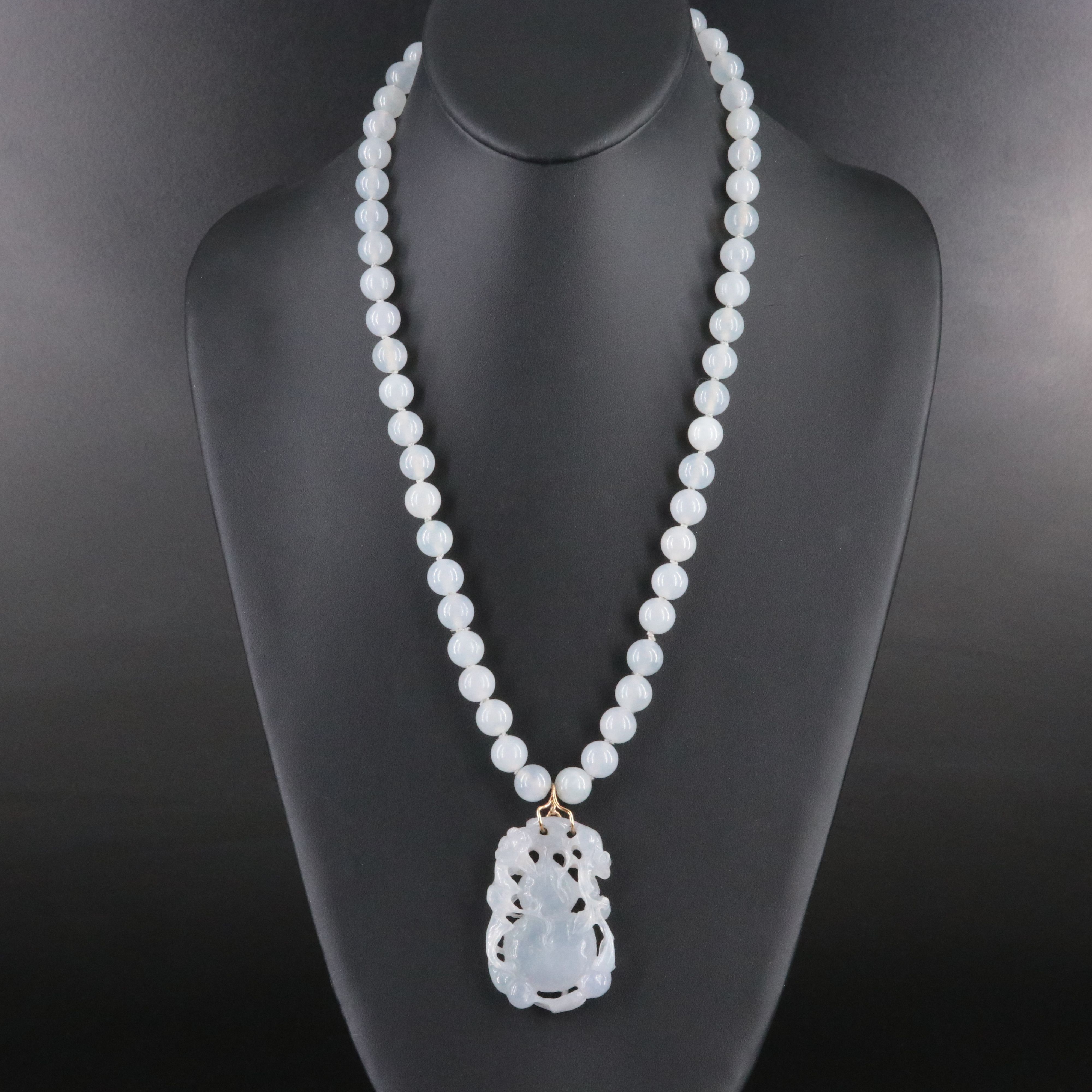 Carved Jadeite Pendant with 14K Bail Necklace