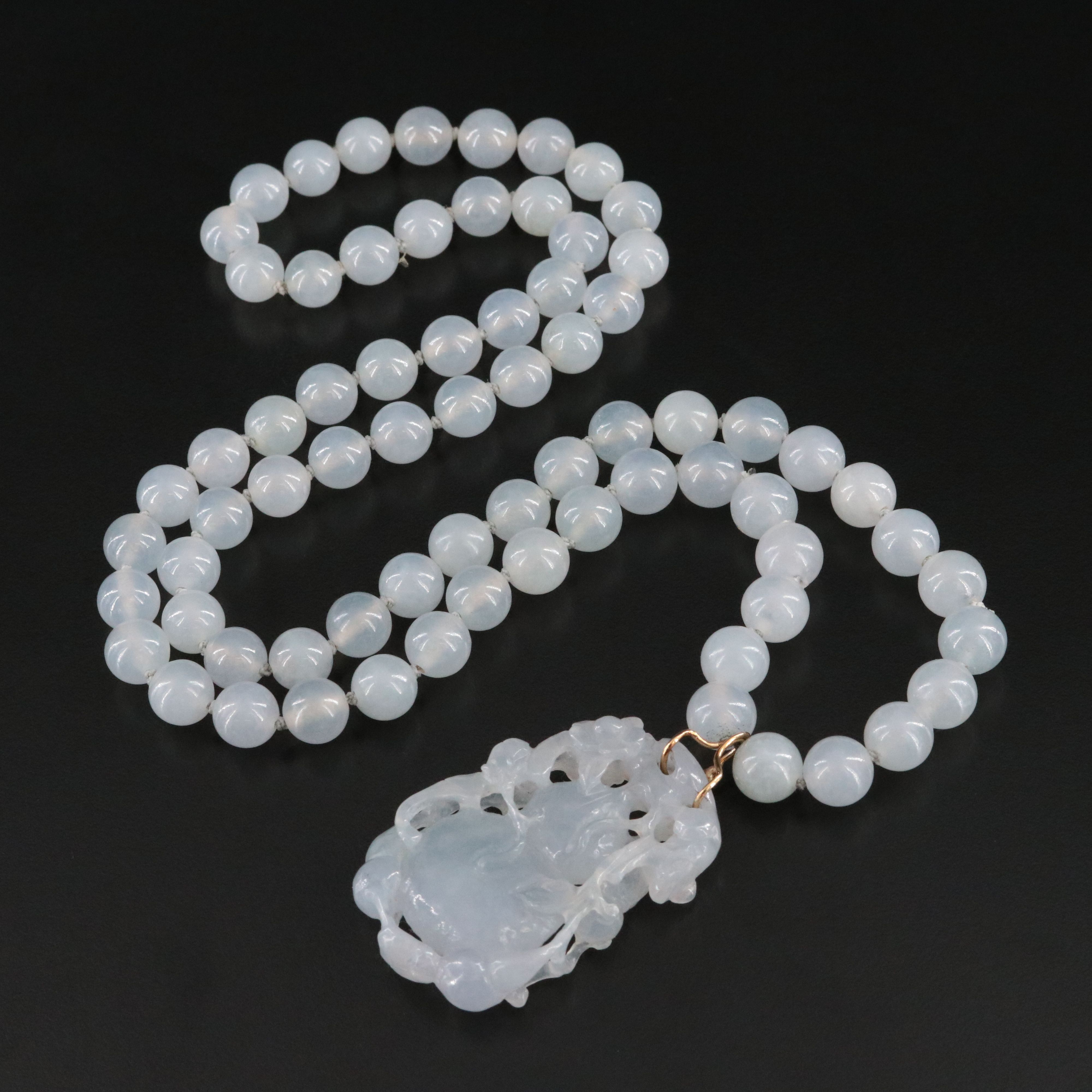 Carved Jadeite Pendant with 14K Bail Necklace