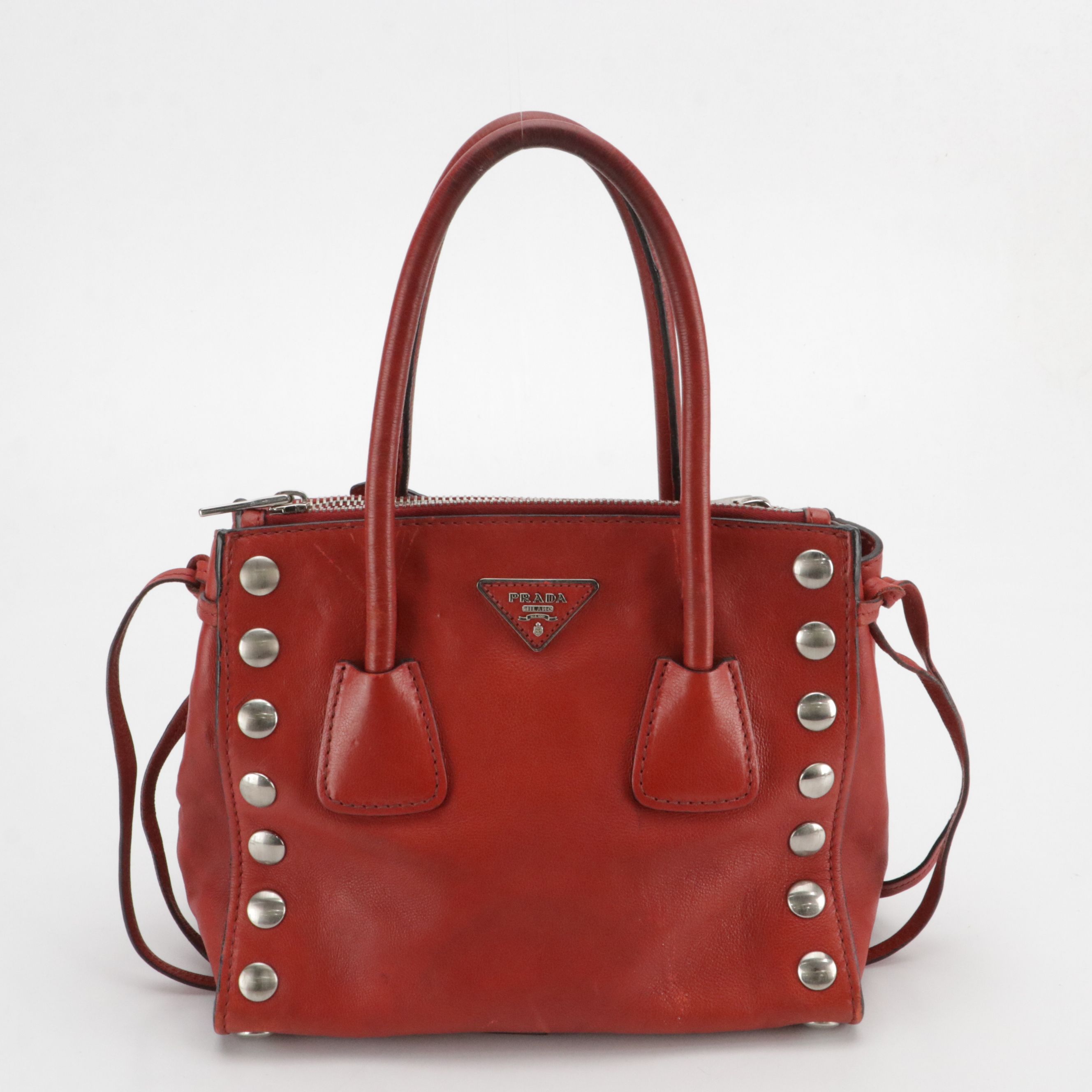 Prada Small Twin Pocket Two-Way Tote Bag in Red Glace Calf Leather