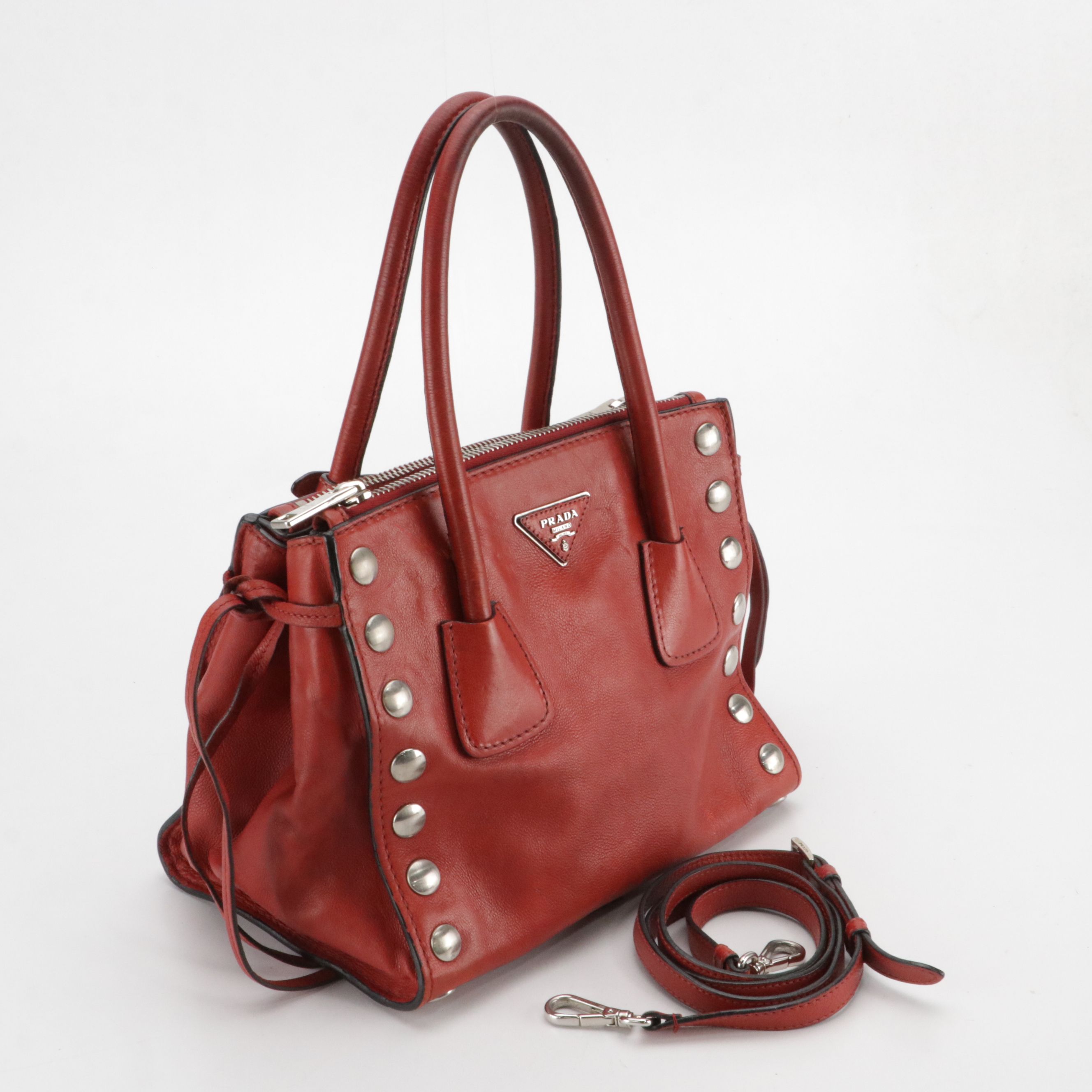 Prada Small Twin Pocket Two-Way Tote Bag in Red Glace Calf Leather