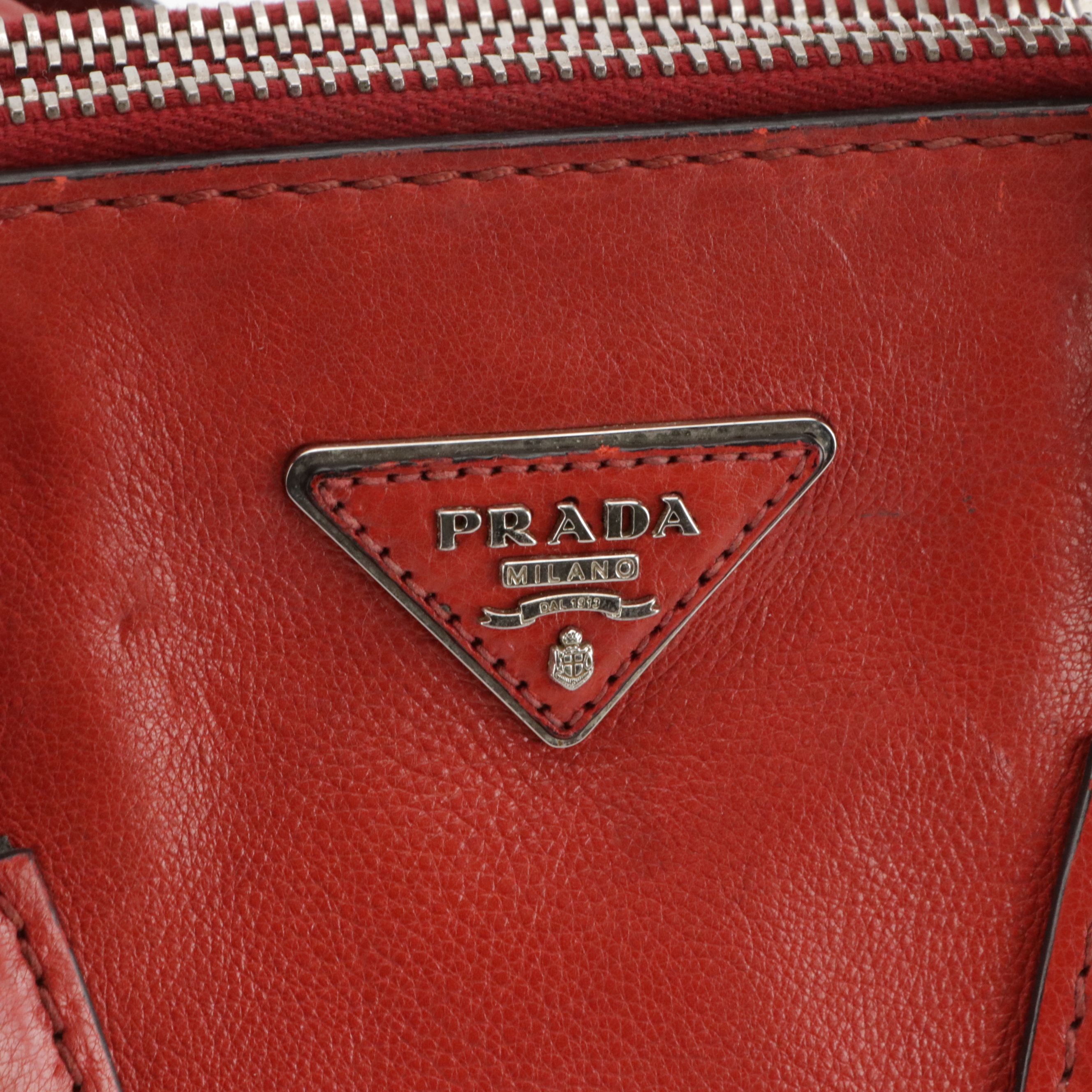Prada Small Twin Pocket Two-Way Tote Bag in Red Glace Calf Leather