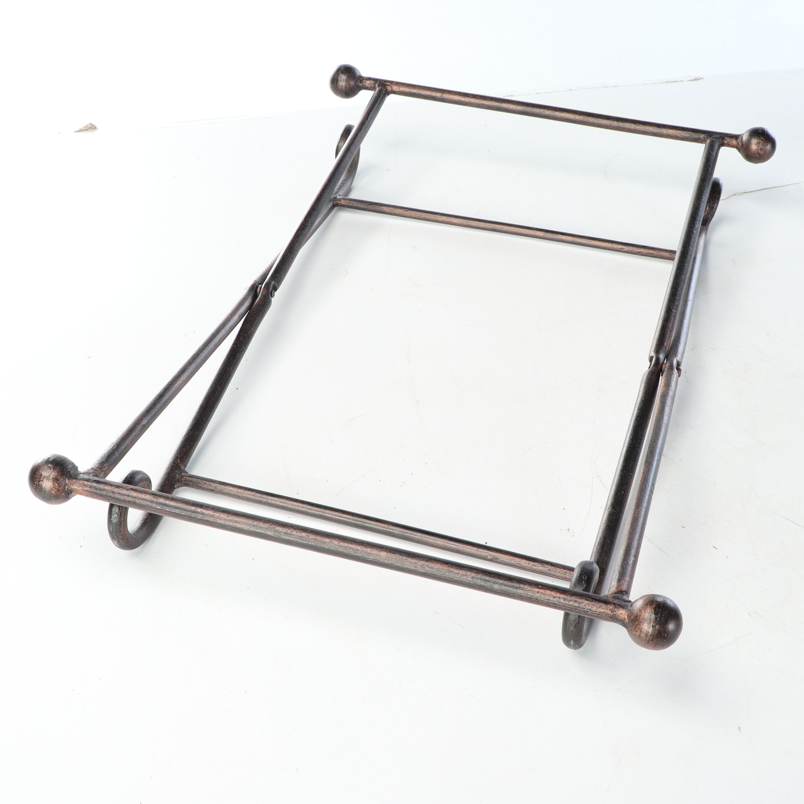 Rustic Padded Leather Footstools with Scrolled Folding Metal Frames