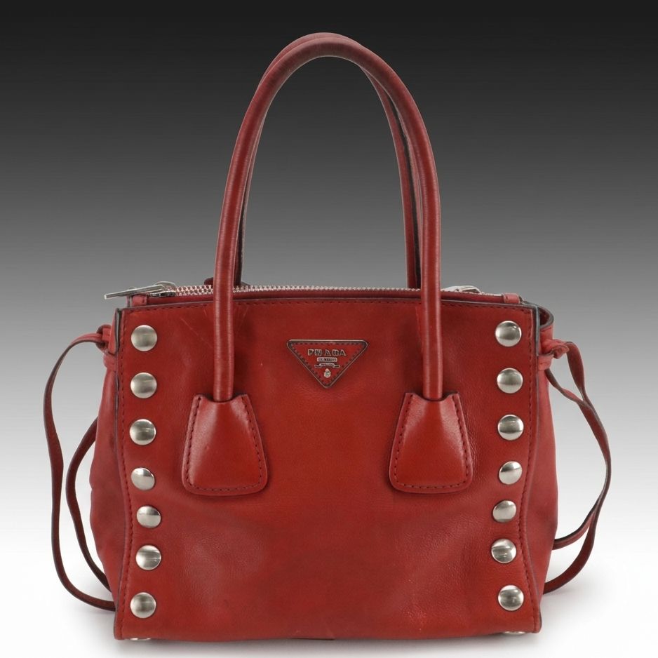 Prada Small Twin Pocket Two-Way Tote Bag in Red Glace Calf Leather