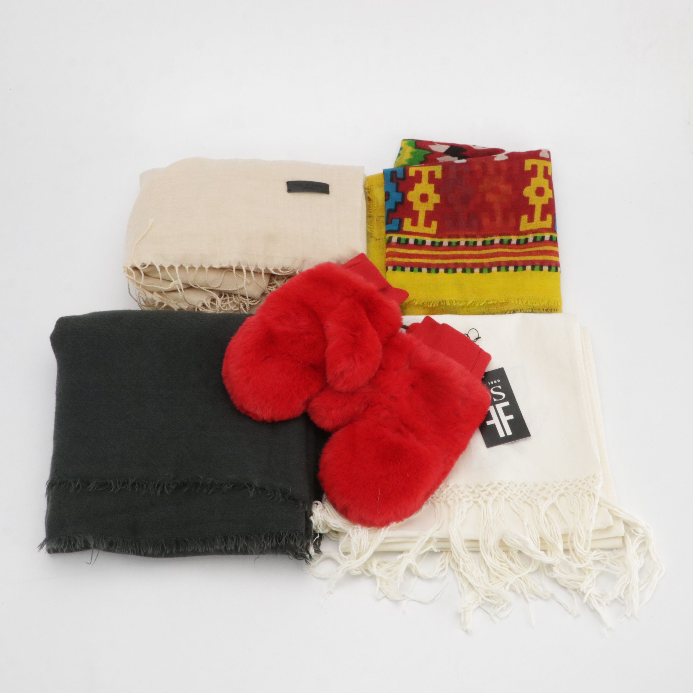 Donna Salyers Red Faux Fur Mittens, Rag & Bone Cotton Shawl, and More