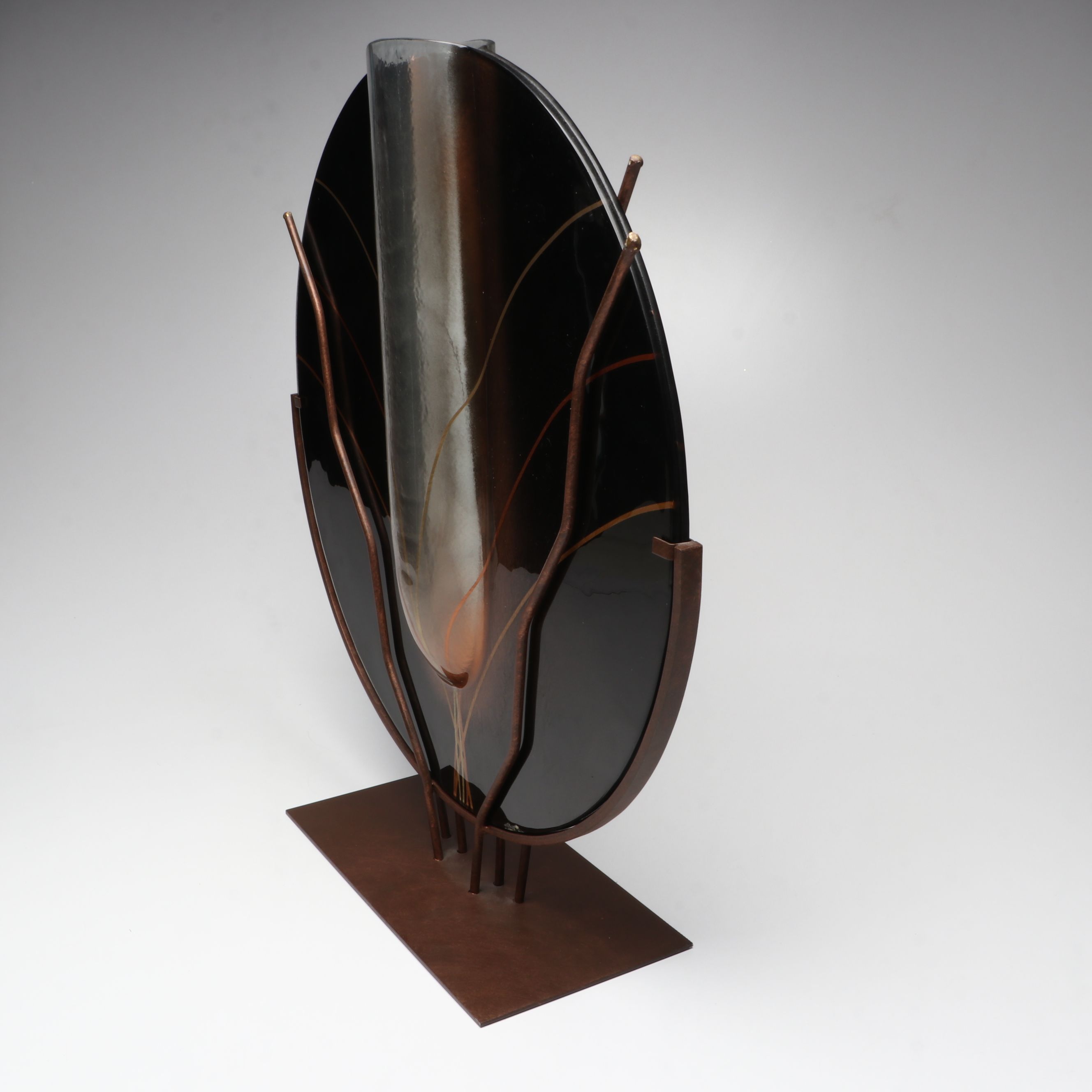 Signed Mark Hines Slumped Glass Vase on Metal Stand