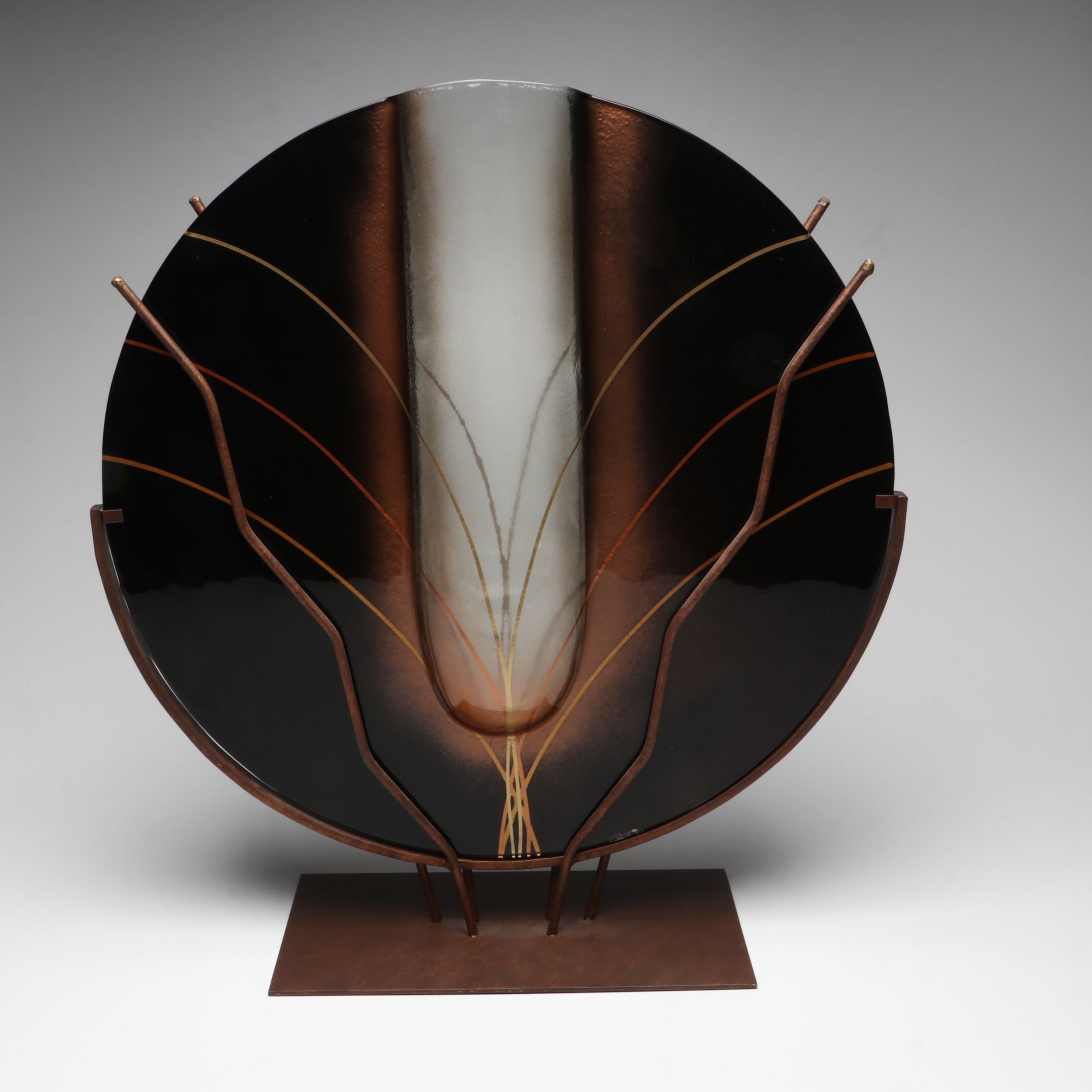 Signed Mark Hines Slumped Glass Vase on Metal Stand