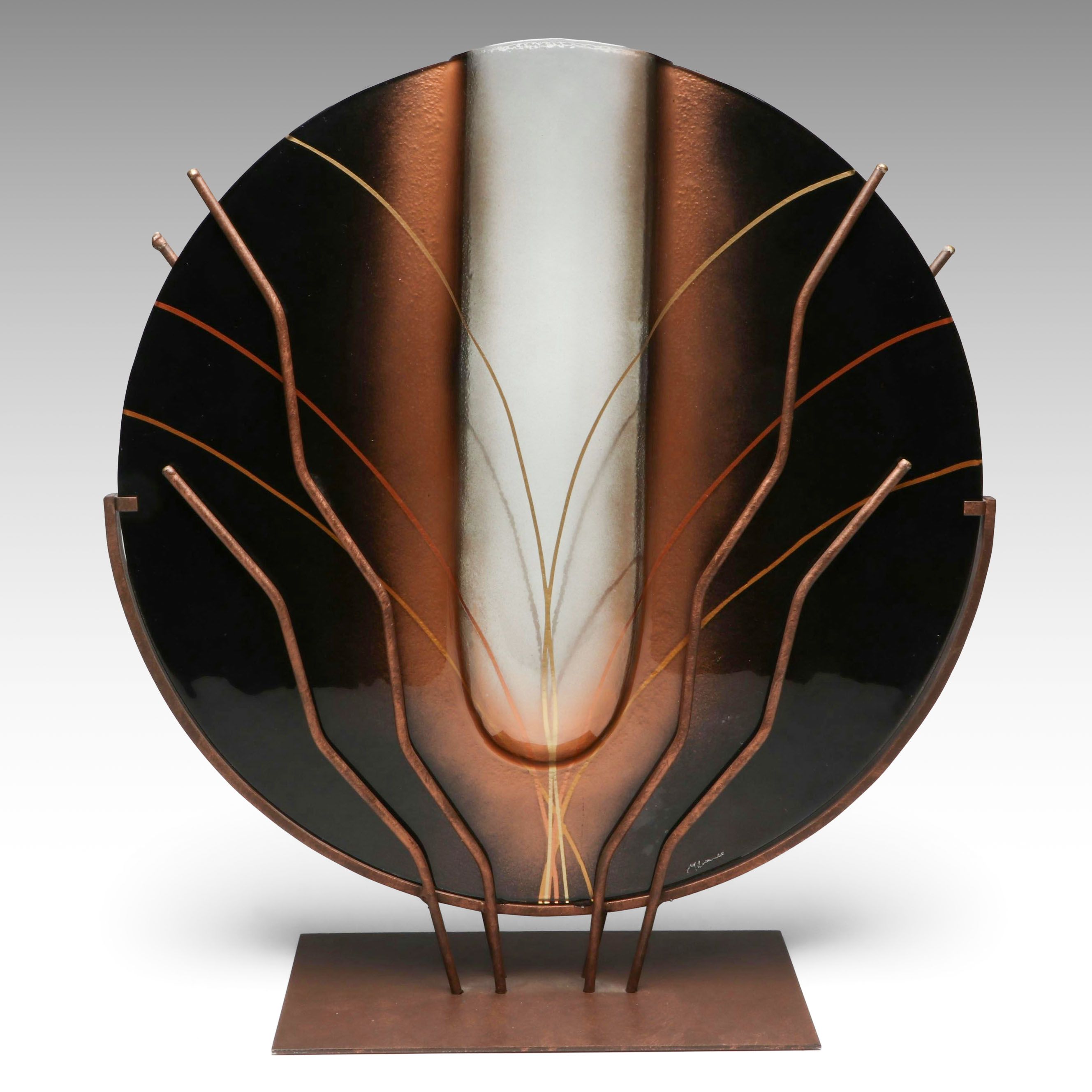 Signed Mark Hines Slumped Glass Vase on Metal Stand