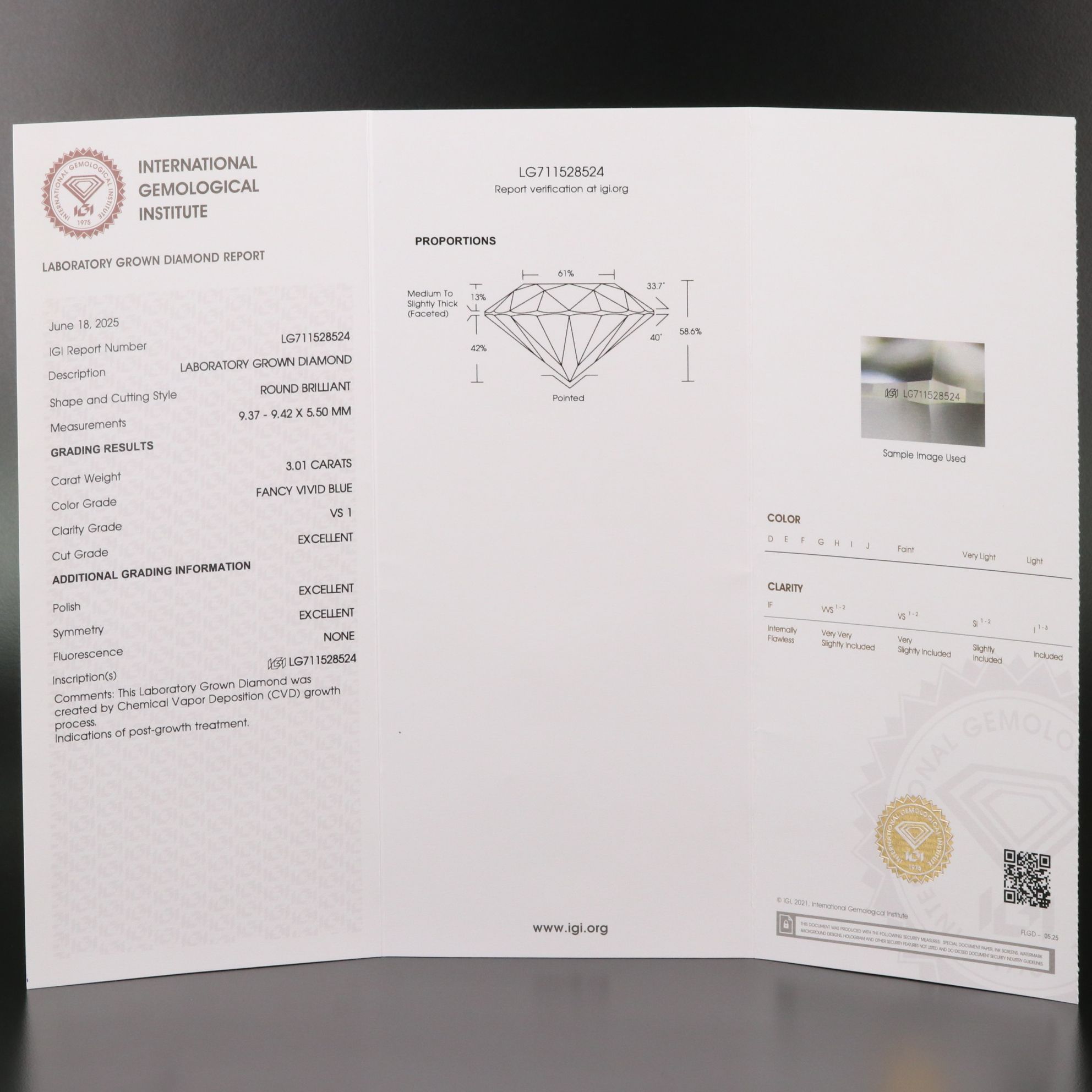 Loose 3.01 CT Lab Grown Fancy Vivid Blue Diamond with IGI Report