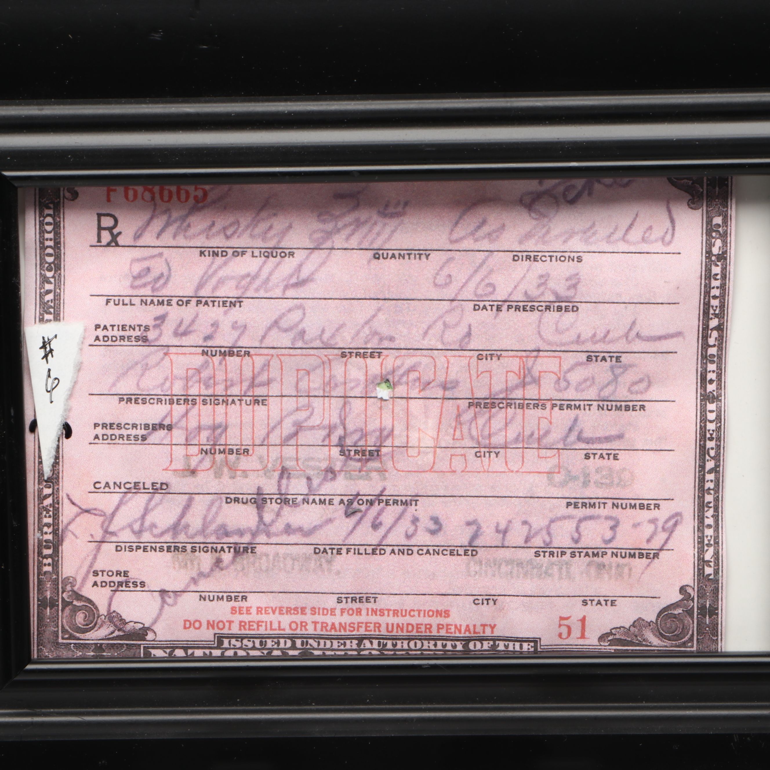 Prohibition Prescription Form for Whiskey Reprint in Frame