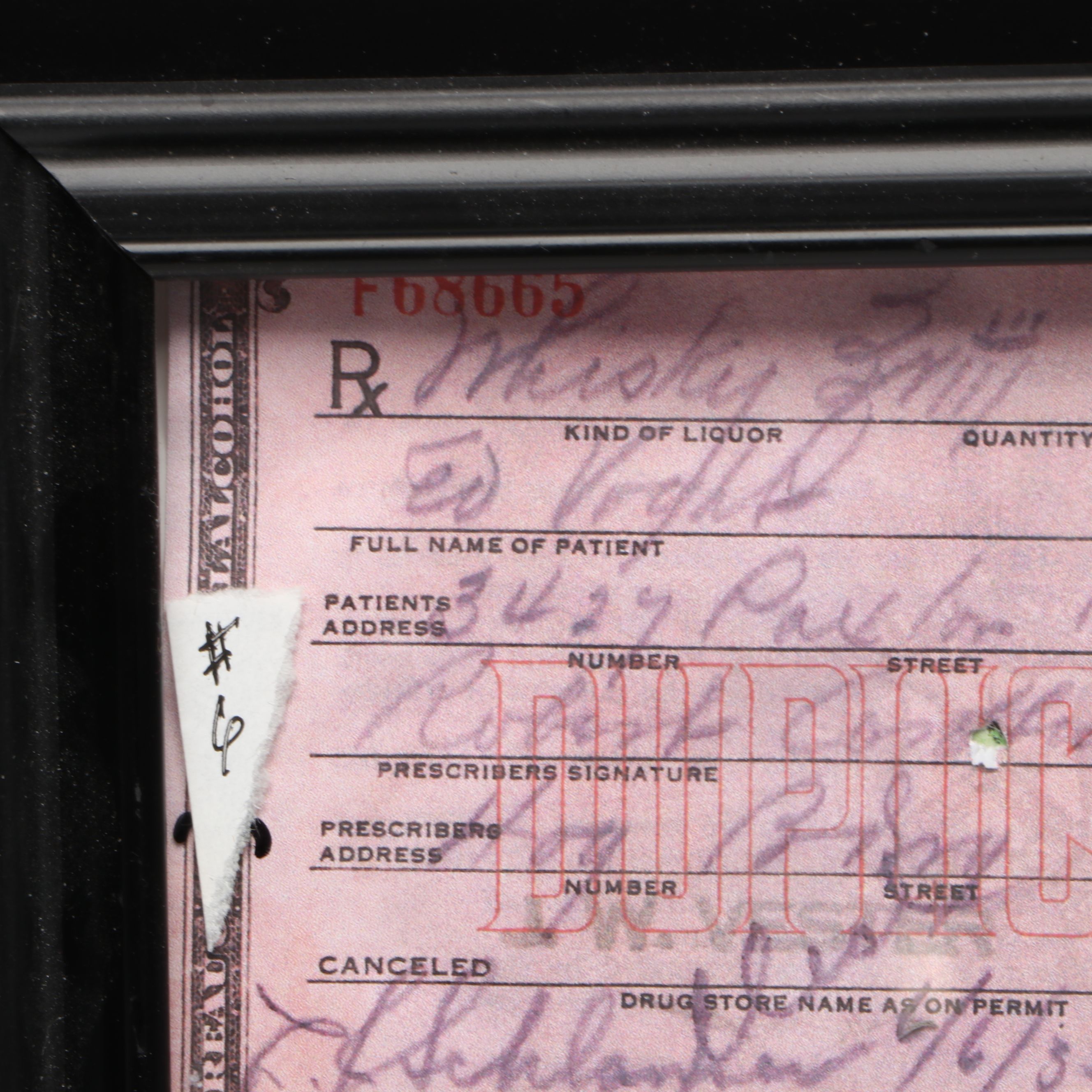 Prohibition Prescription Form for Whiskey Reprint in Frame