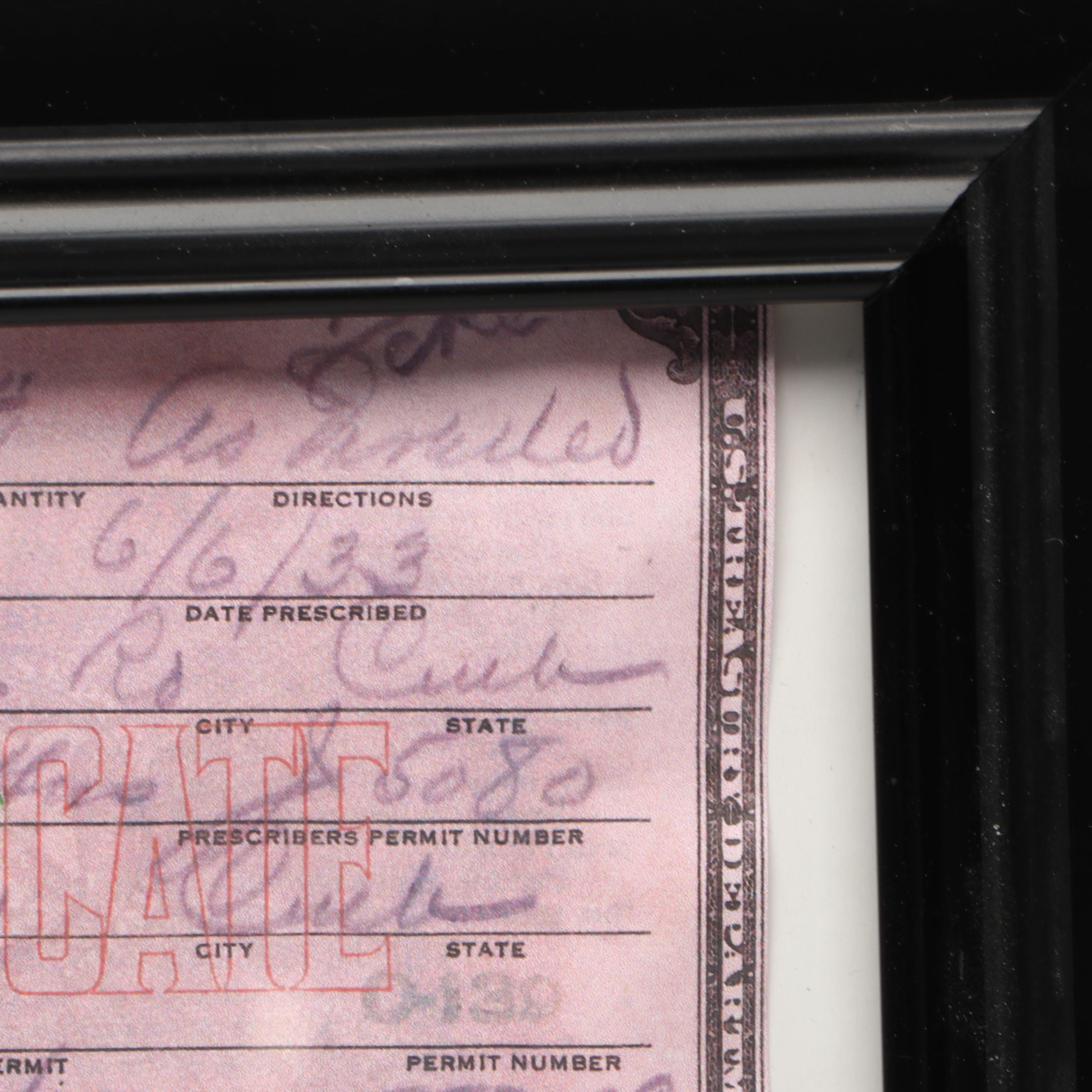 Prohibition Prescription Form for Whiskey Reprint in Frame
