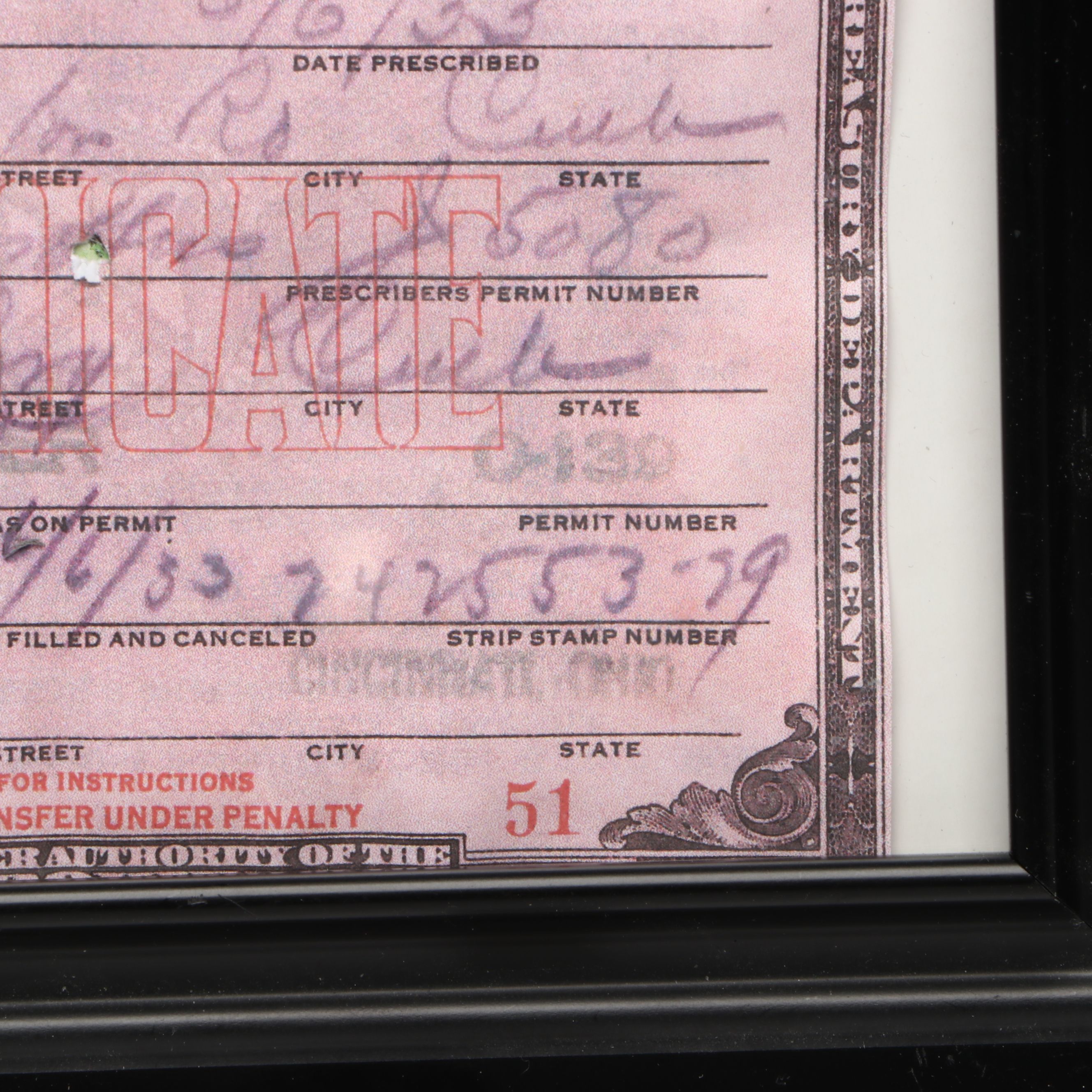 Prohibition Prescription Form for Whiskey Reprint in Frame