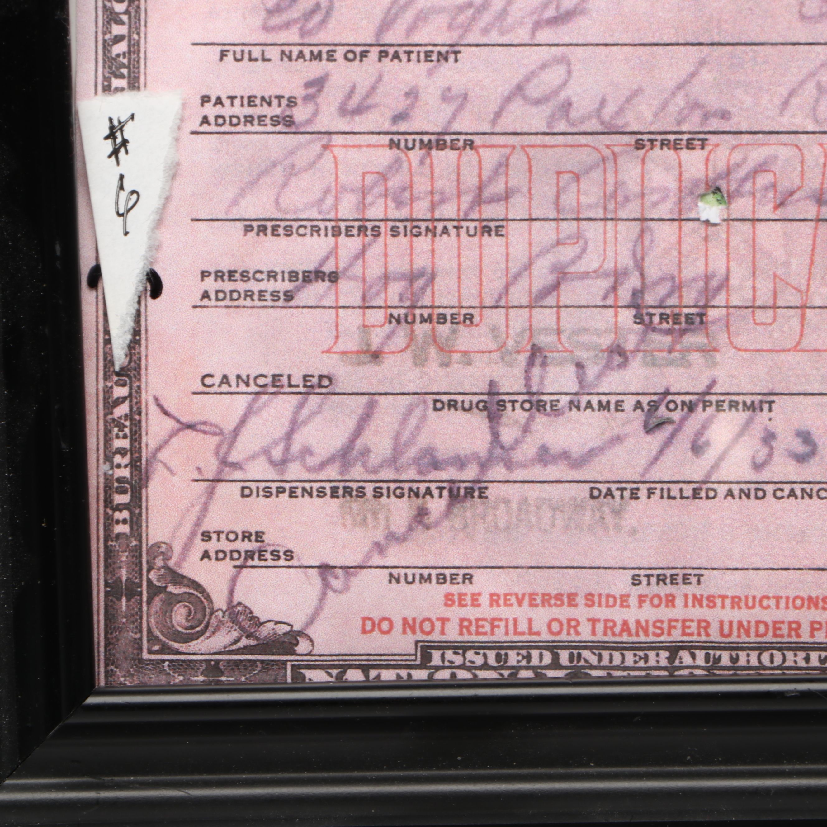 Prohibition Prescription Form for Whiskey Reprint in Frame