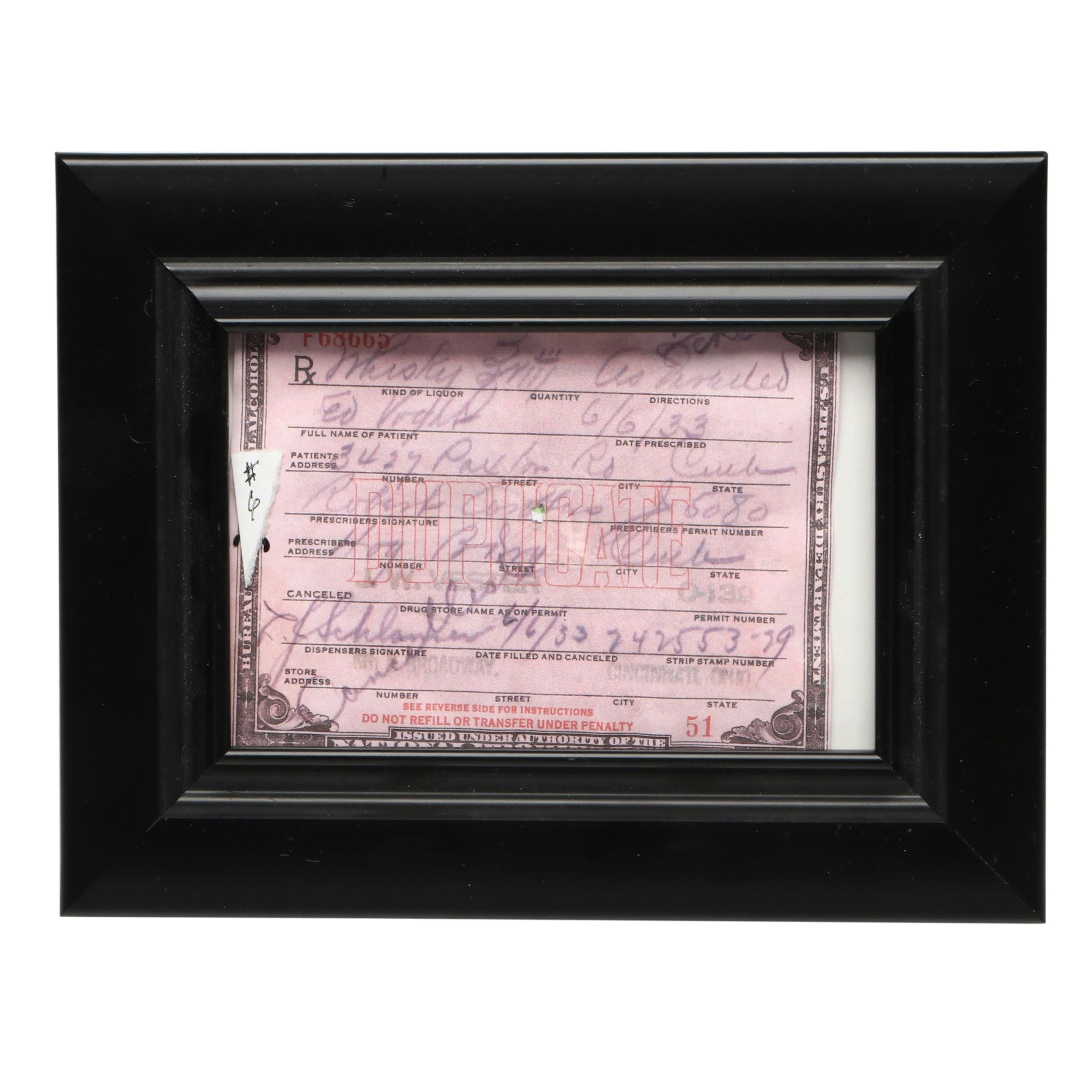 Prohibition Prescription Form for Whiskey Reprint in Frame