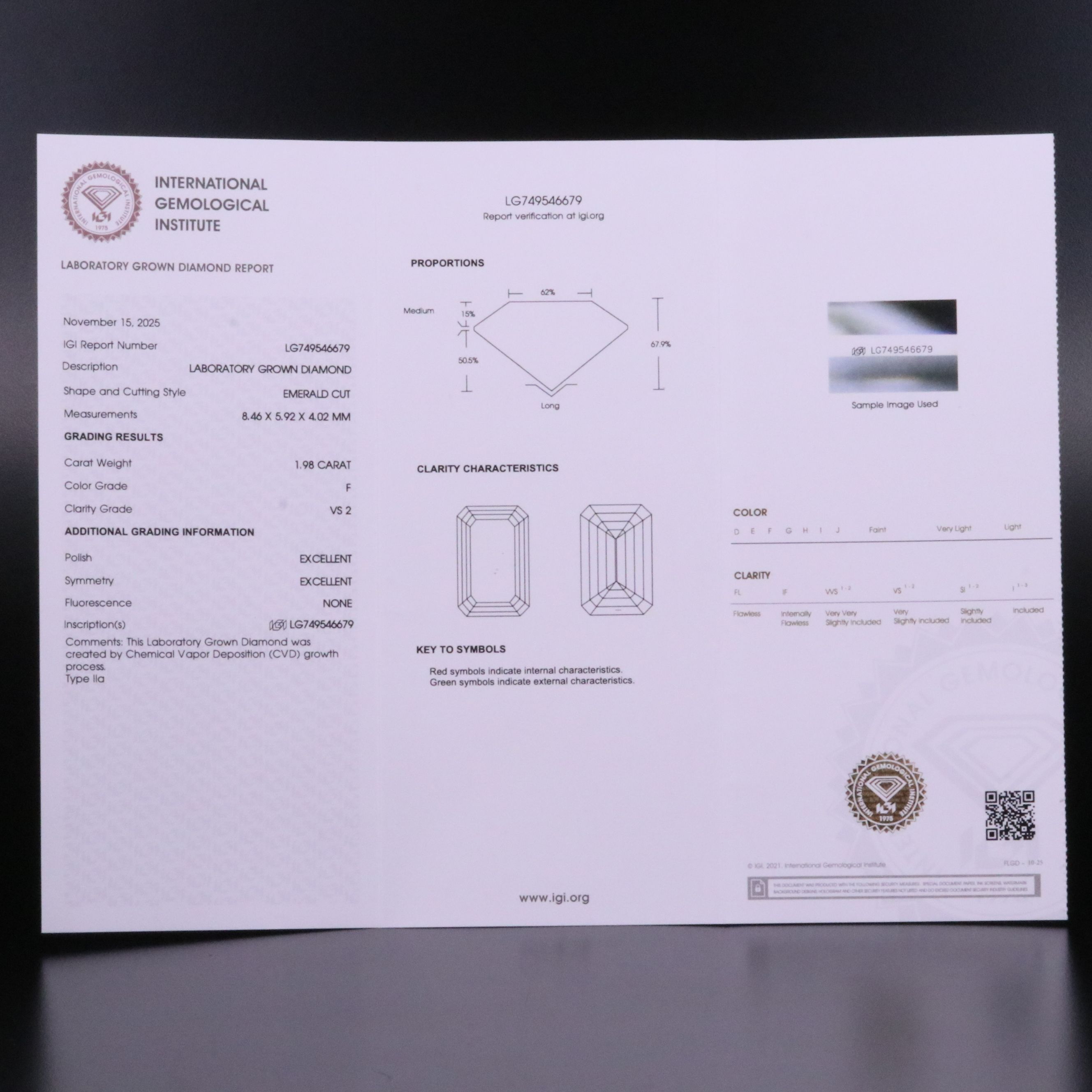 Loose 1.98 CT Lab Grown Diamond with IGI Report