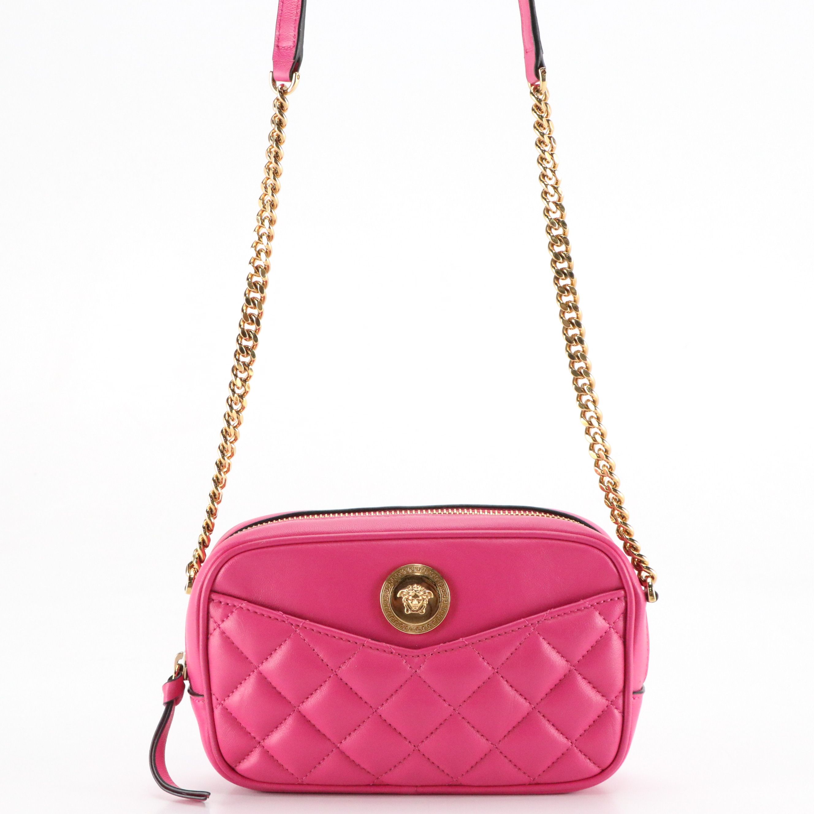 Versace La Medusa Crossbody Camera Bag in Hot Pink Quilted and Smooth Leather