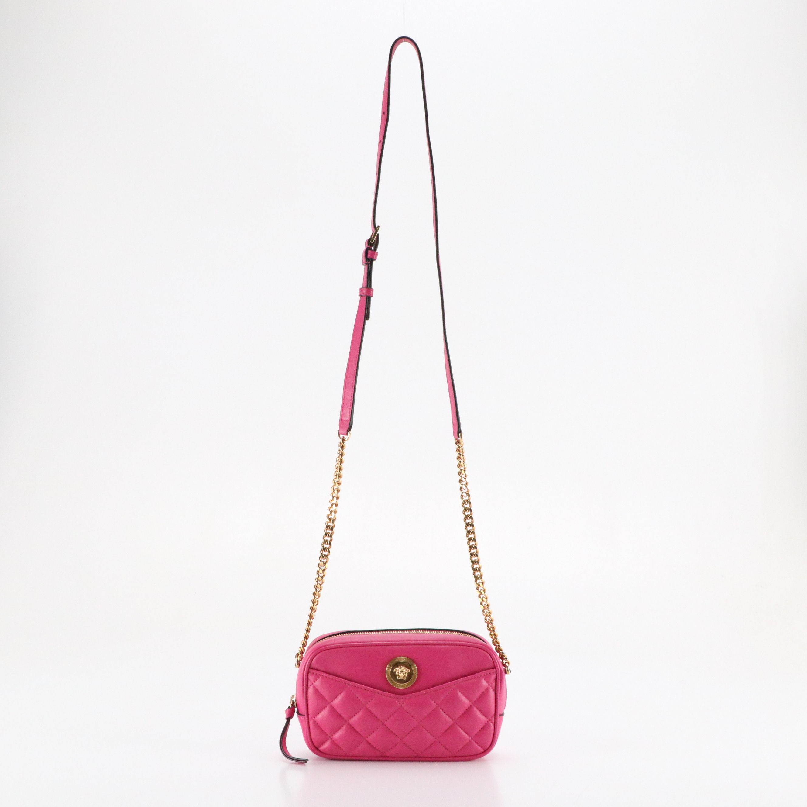 Versace La Medusa Crossbody Camera Bag in Hot Pink Quilted and Smooth Leather