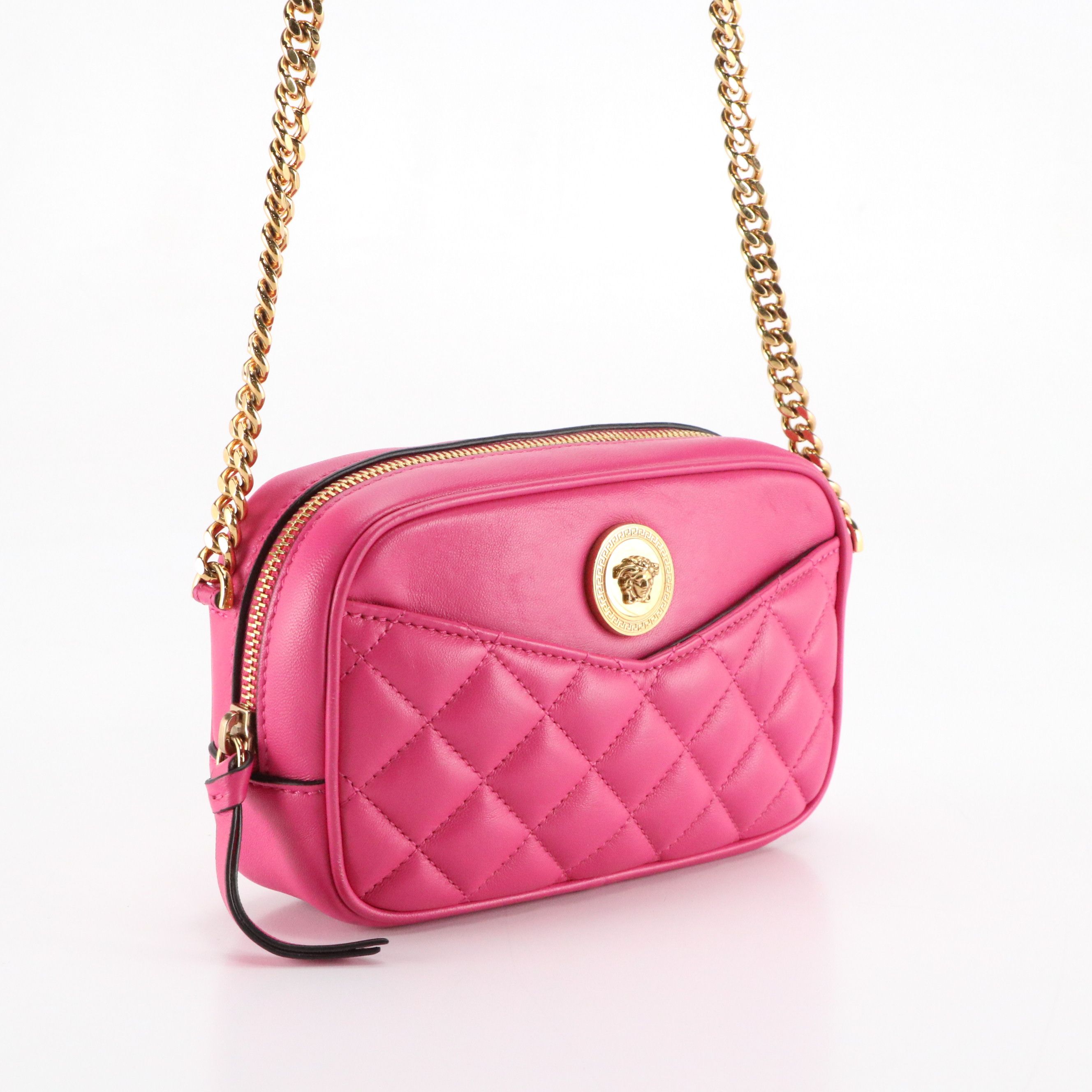 Versace La Medusa Crossbody Camera Bag in Hot Pink Quilted and Smooth Leather