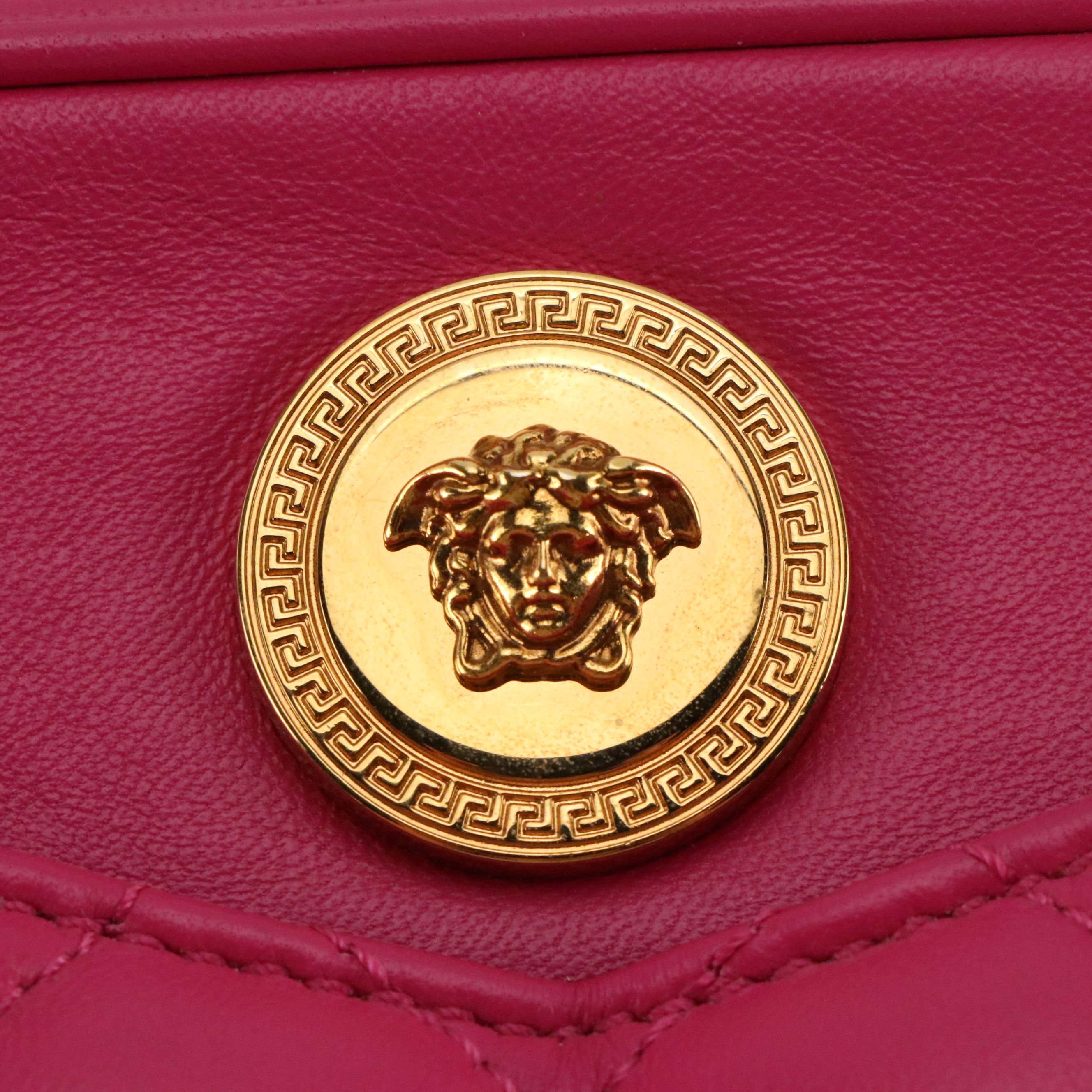 Versace La Medusa Crossbody Camera Bag in Hot Pink Quilted and Smooth Leather