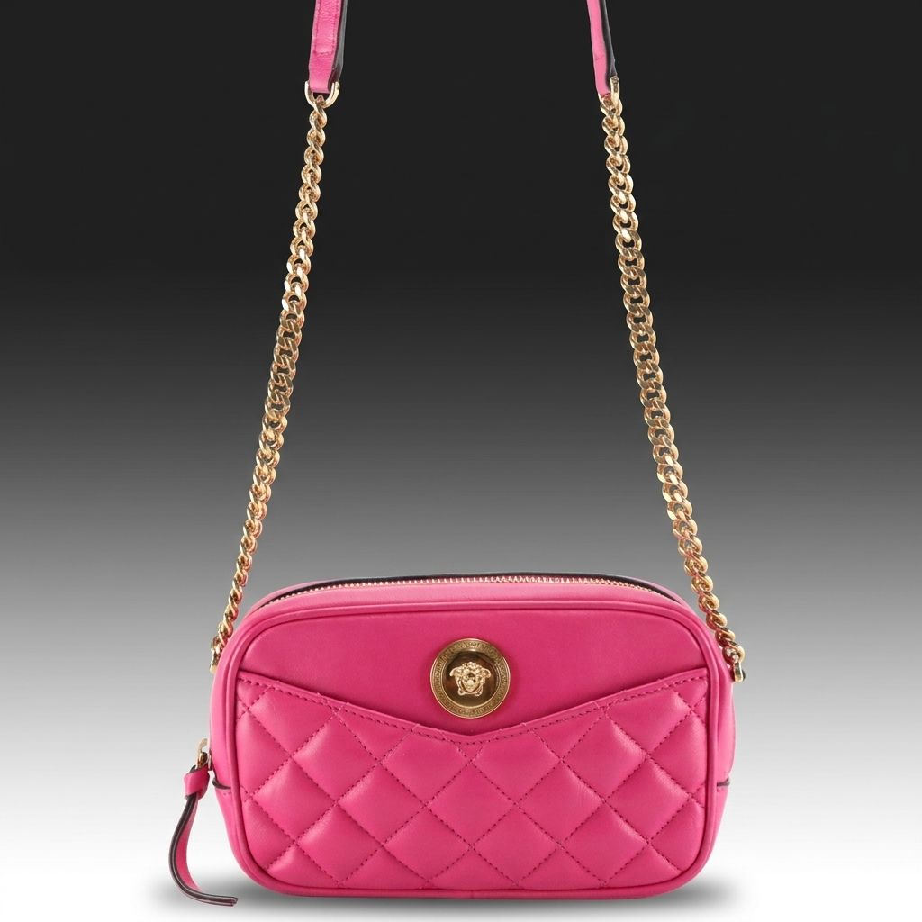 Versace La Medusa Crossbody Camera Bag in Hot Pink Quilted and Smooth Leather