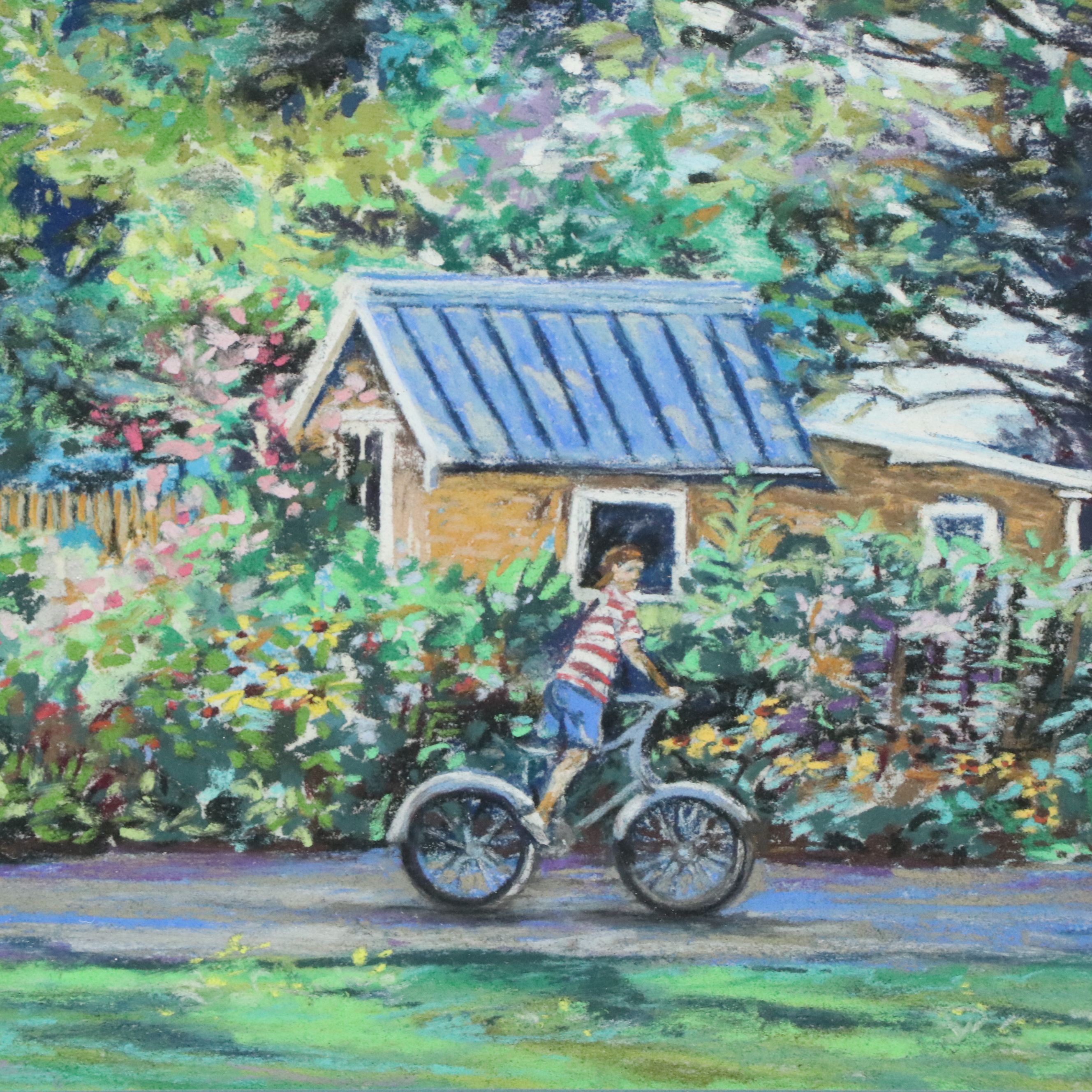 Denise Calisti Oil Pastel Drawing of Boy Biking through Neighborhood