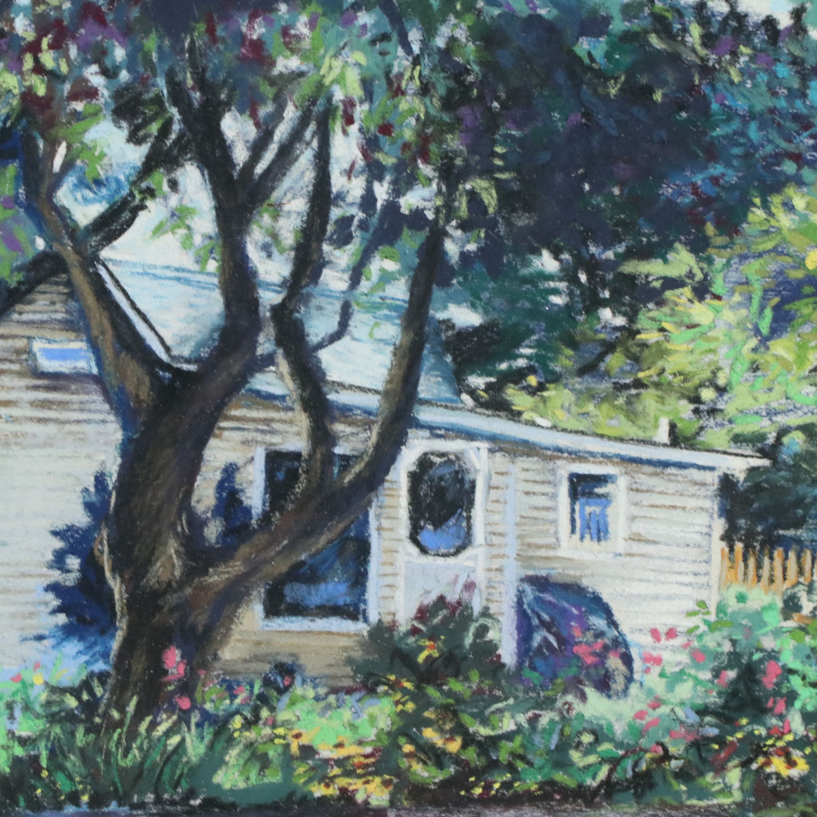 Denise Calisti Oil Pastel Drawing of Boy Biking through Neighborhood