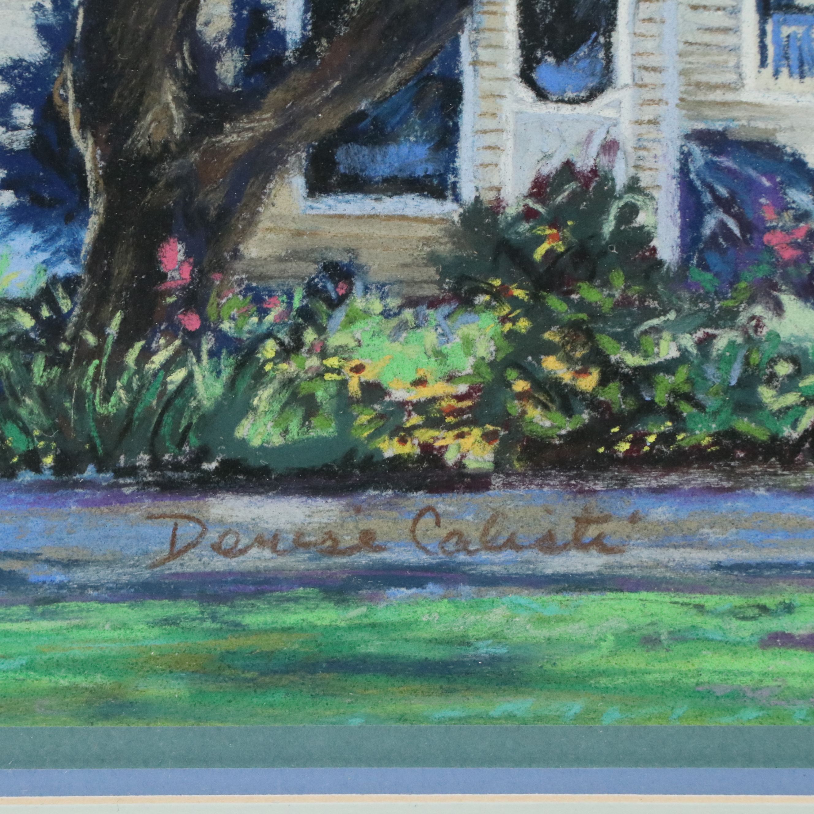 Denise Calisti Oil Pastel Drawing of Boy Biking through Neighborhood