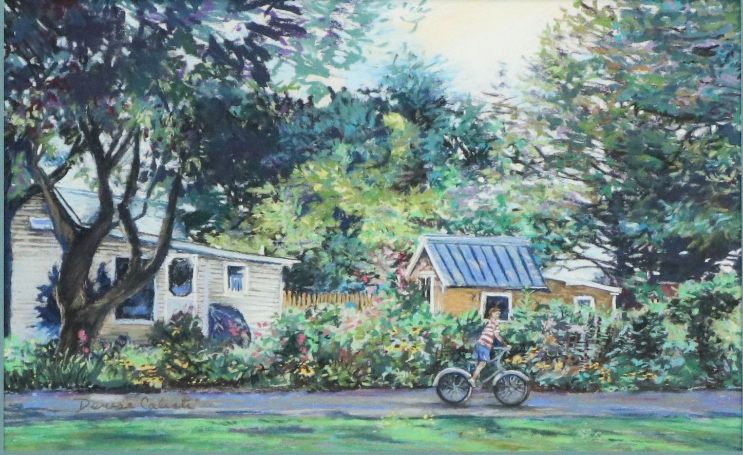 Denise Calisti Oil Pastel Drawing of Boy Biking through Neighborhood