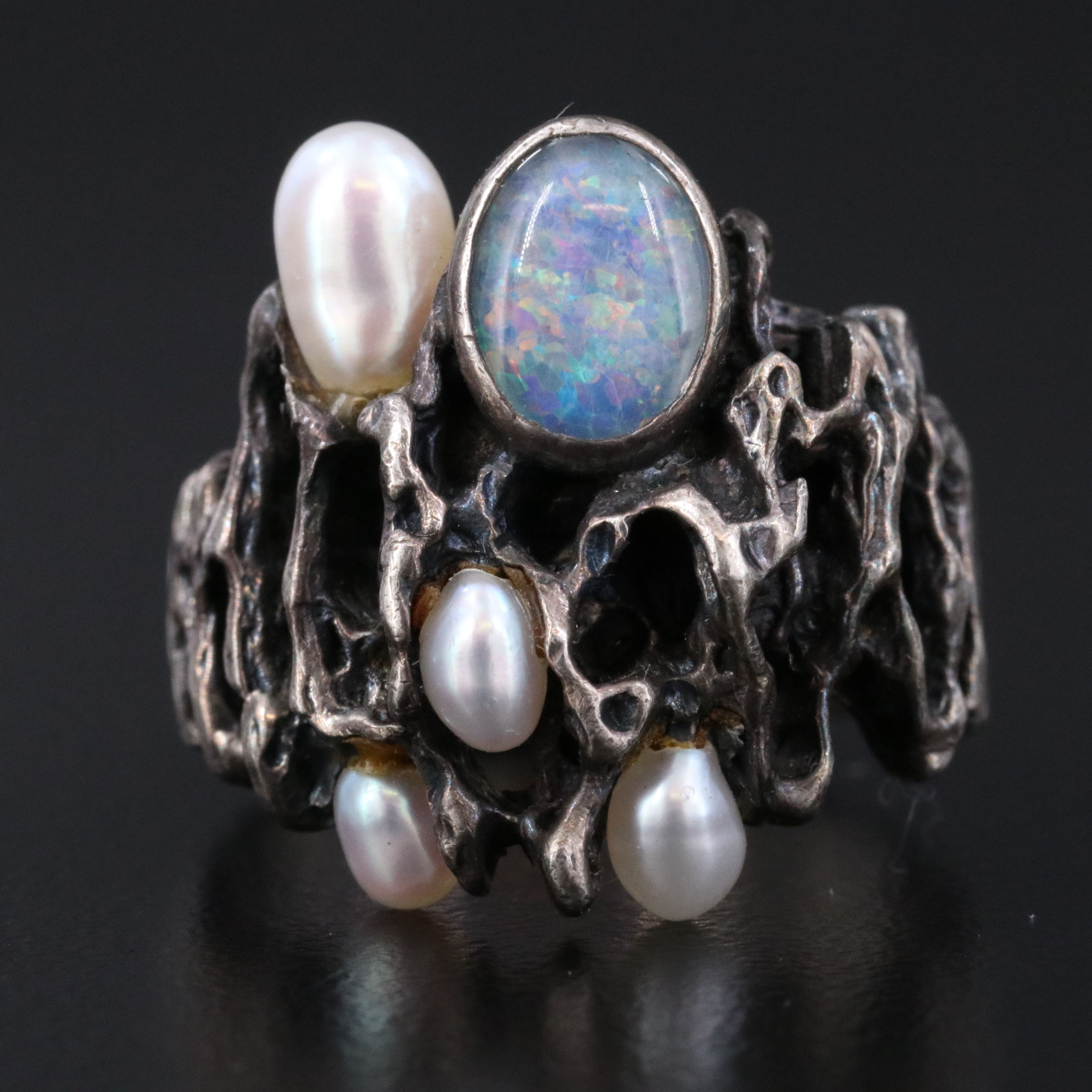 Sterling Opal and Pearl Brutalist Ring