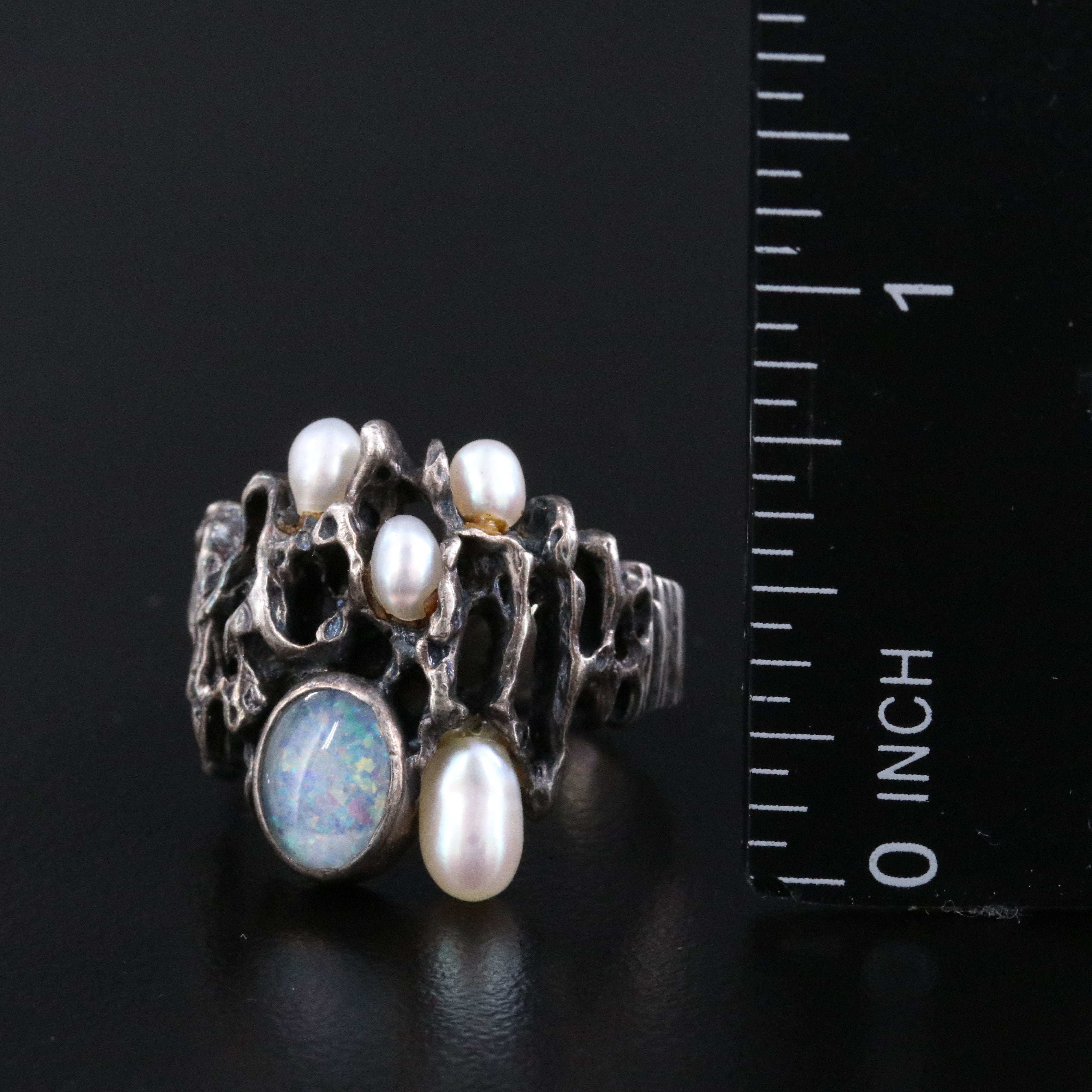 Sterling Opal and Pearl Brutalist Ring