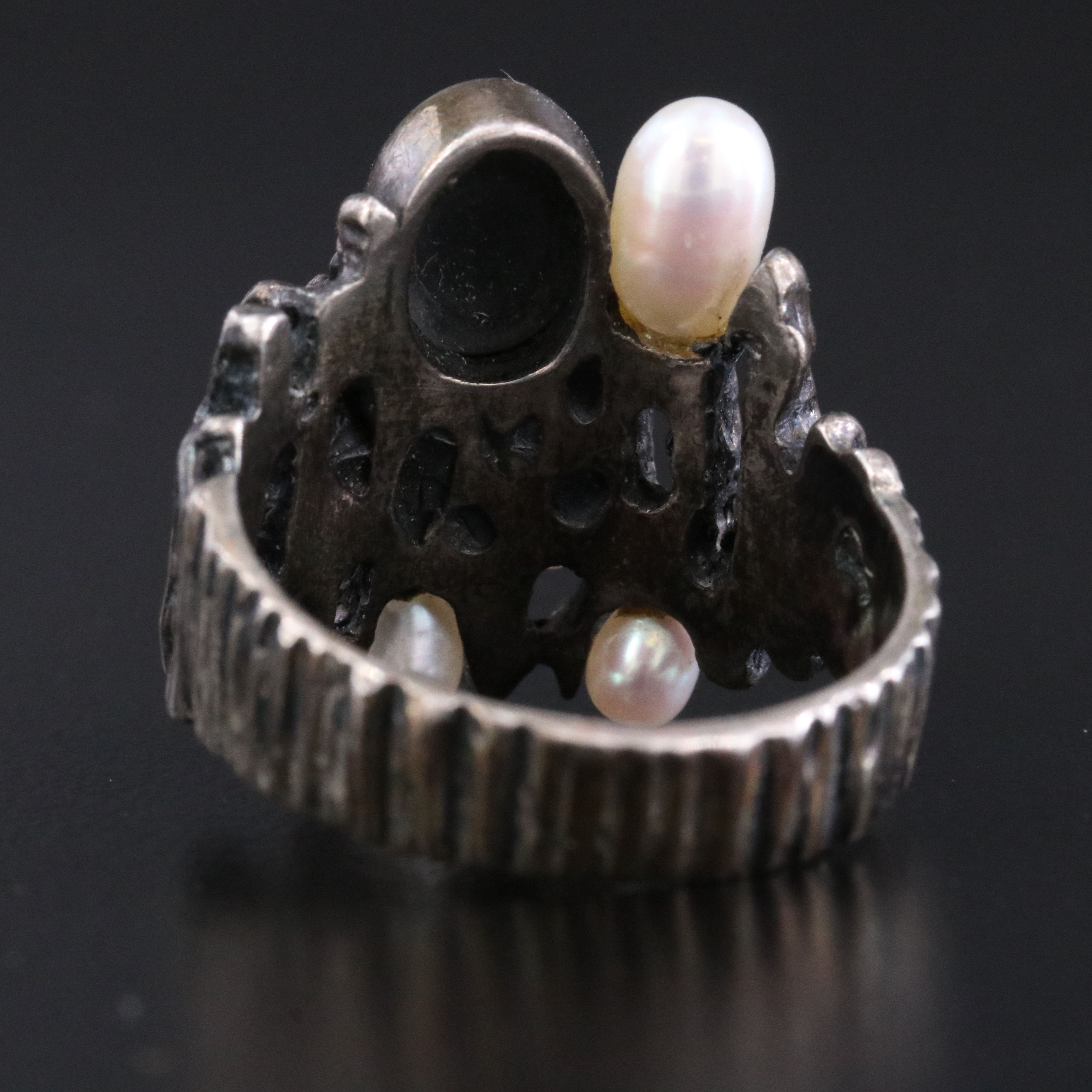 Sterling Opal and Pearl Brutalist Ring