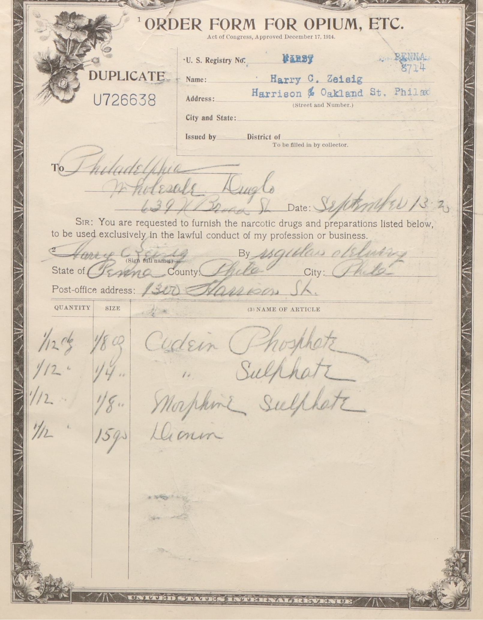 Opium and Morphine Order Forms, 1920