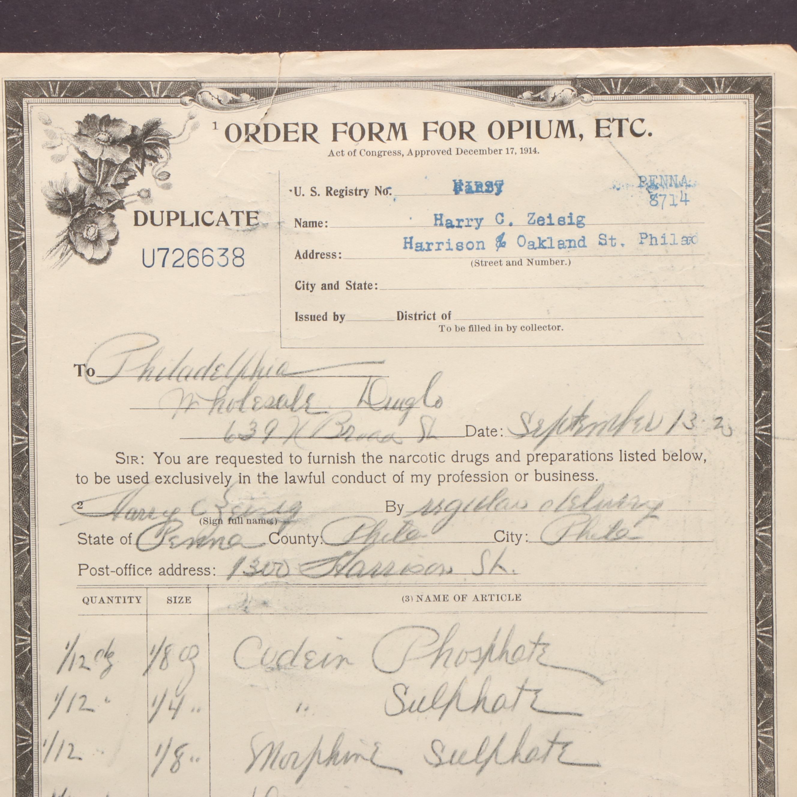 Opium and Morphine Order Forms, 1920