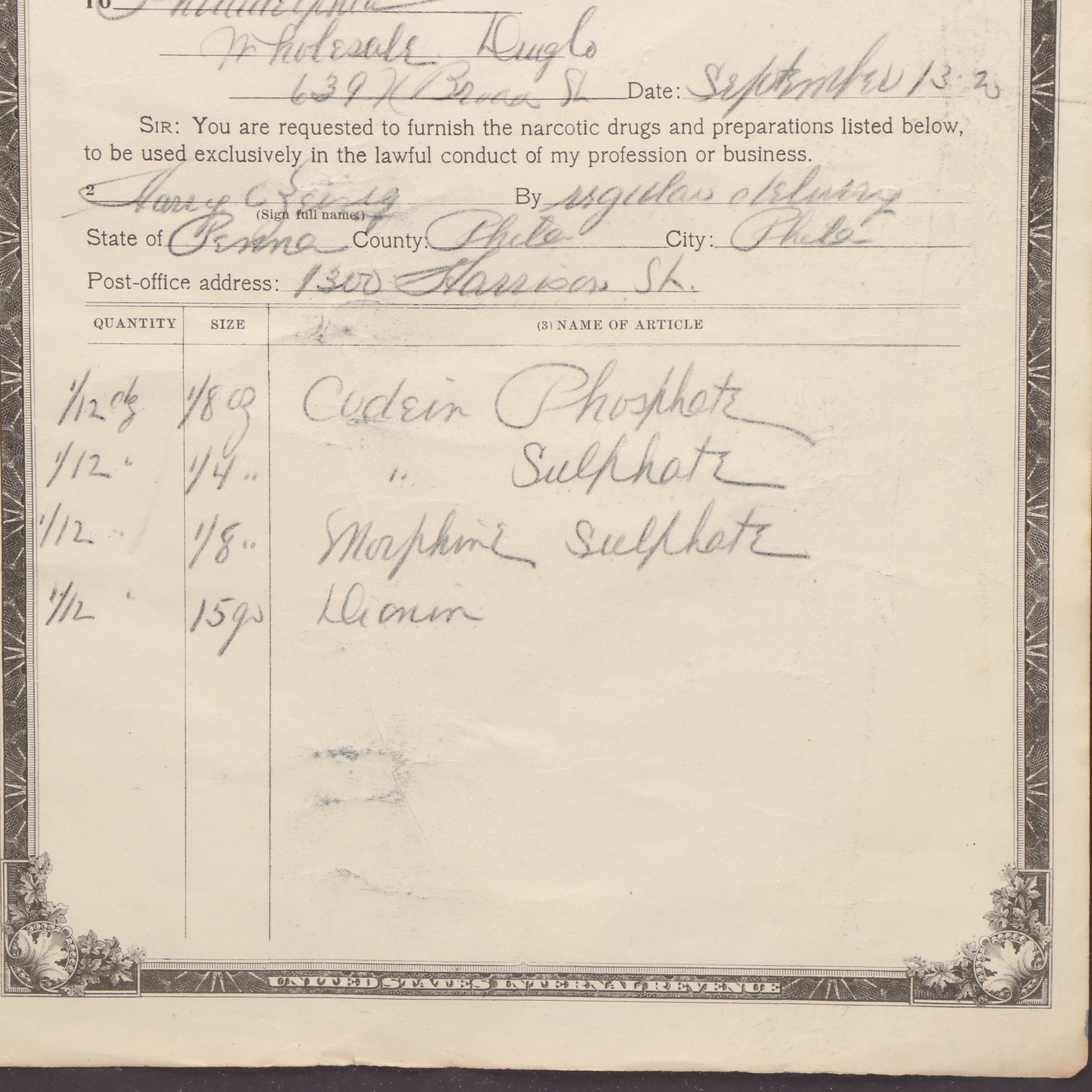 Opium and Morphine Order Forms, 1920