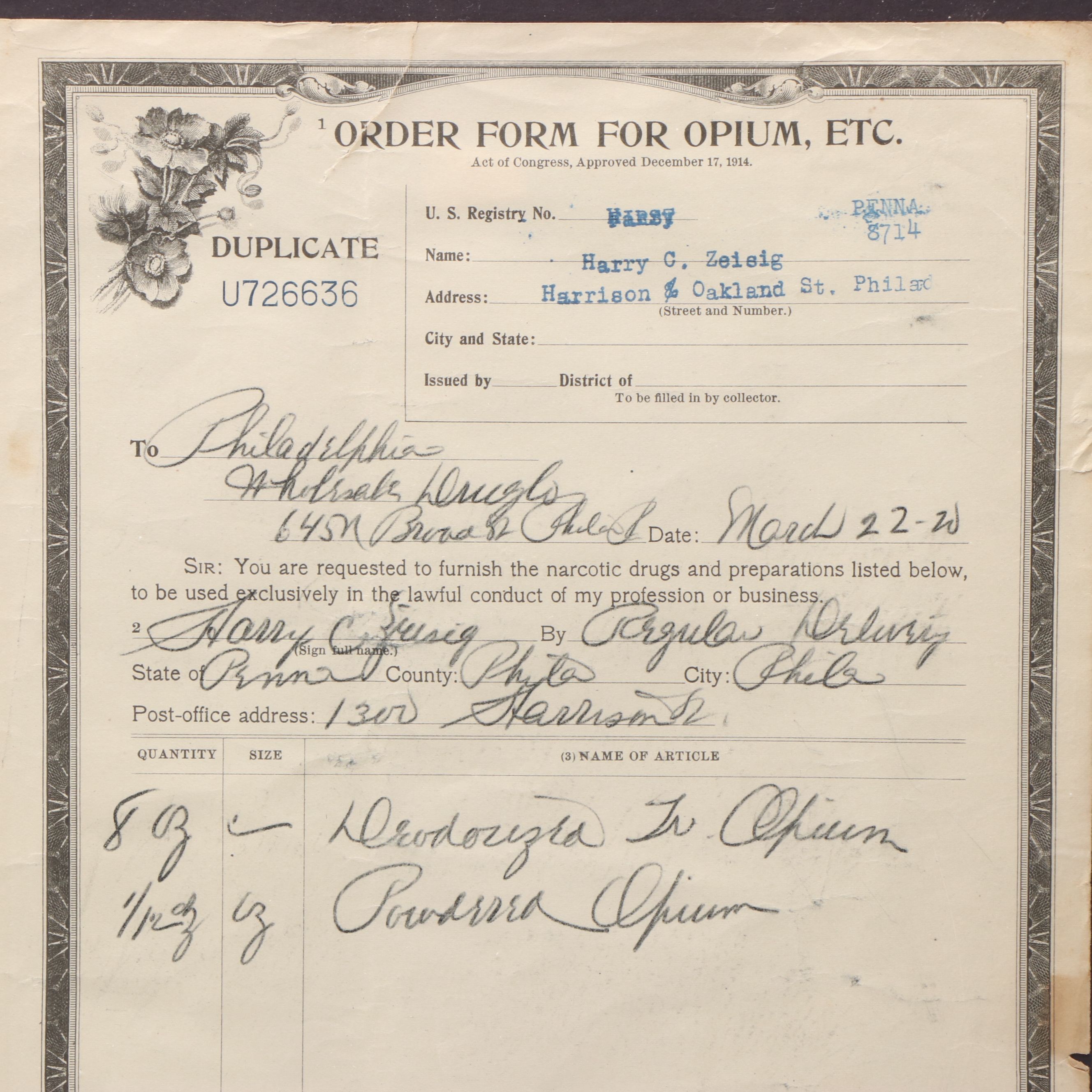 Opium and Morphine Order Forms, 1920