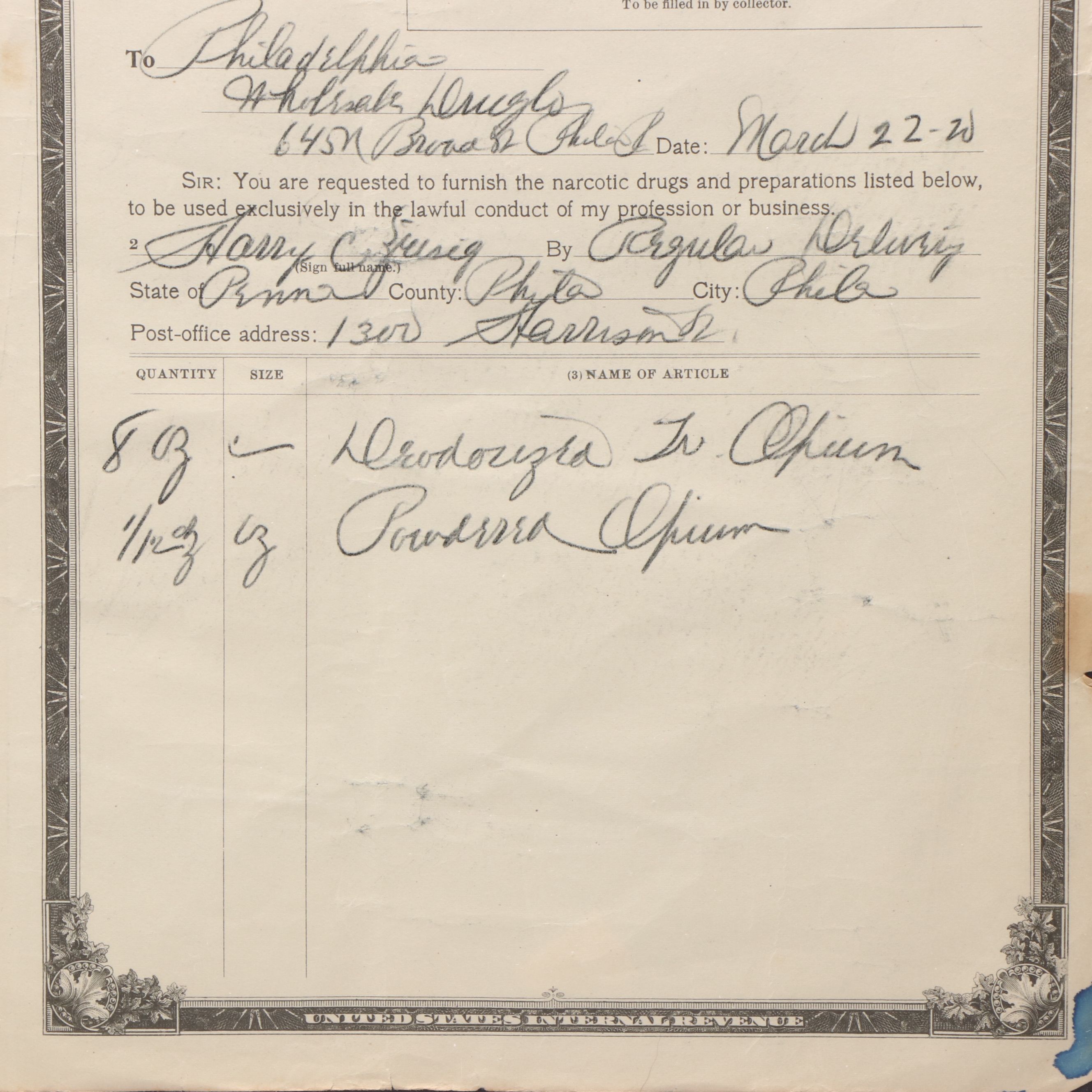 Opium and Morphine Order Forms, 1920