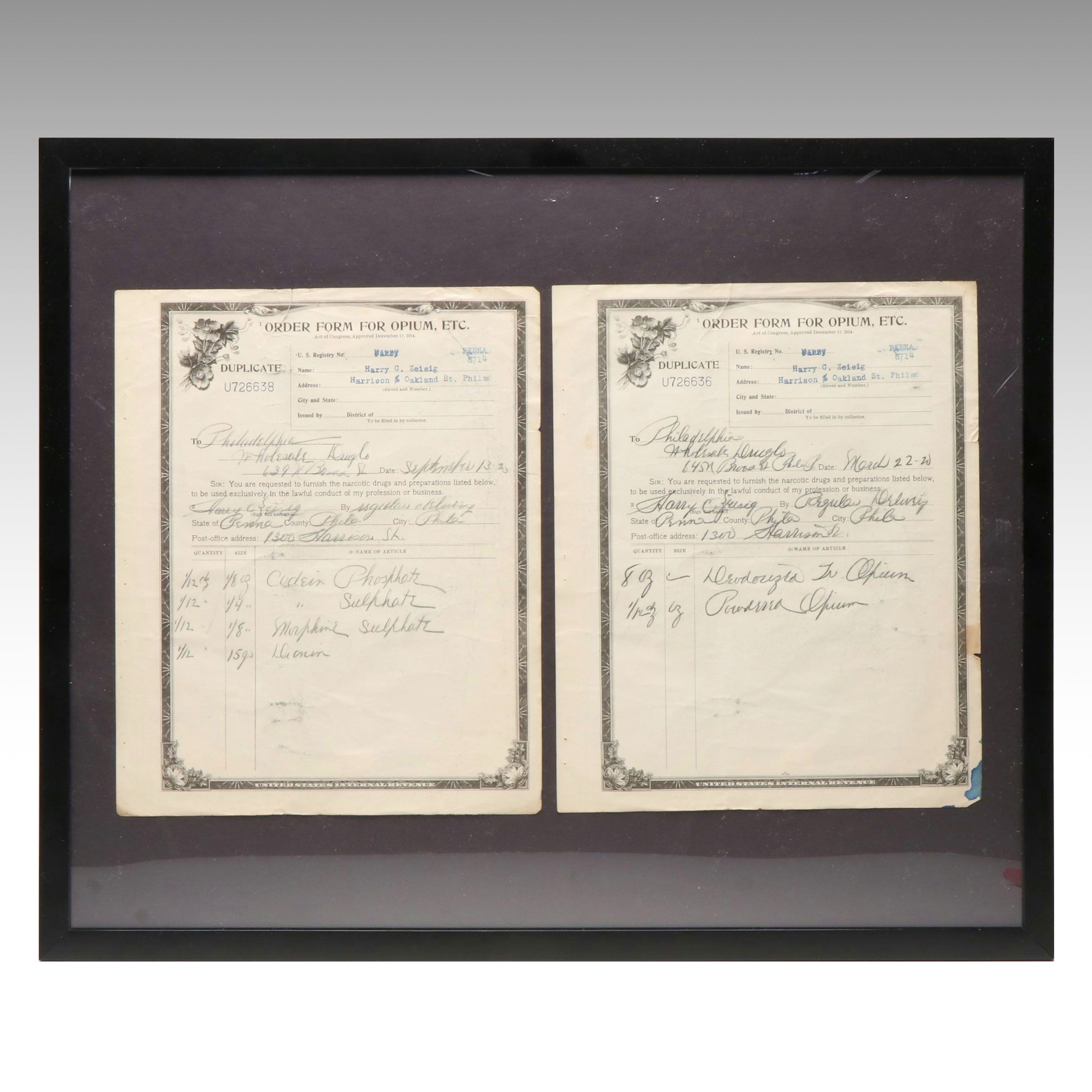Opium and Morphine Order Forms, 1920
