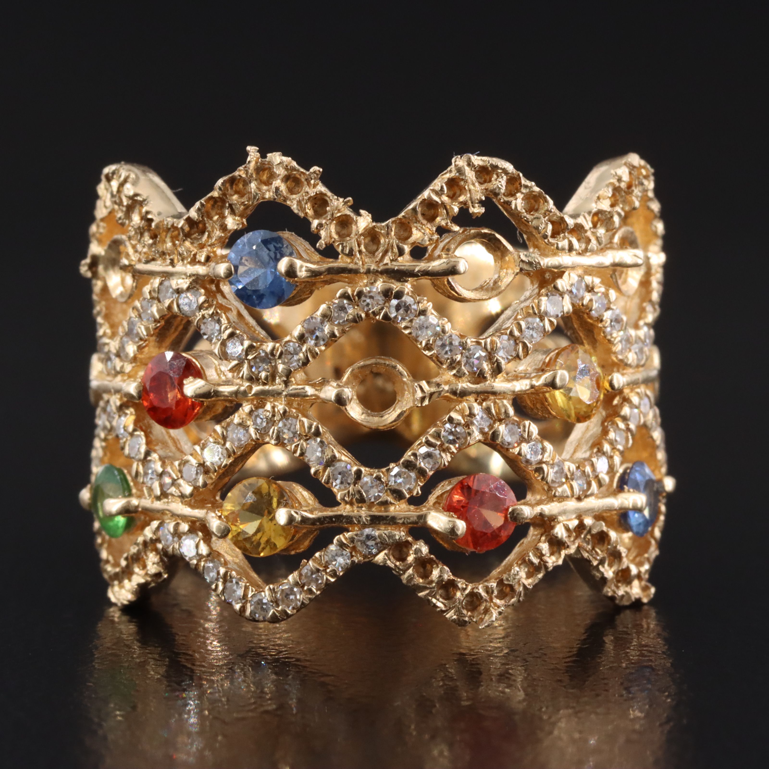 14K Sapphire, Tsavorite, and Diamond Wide Lattice Ring