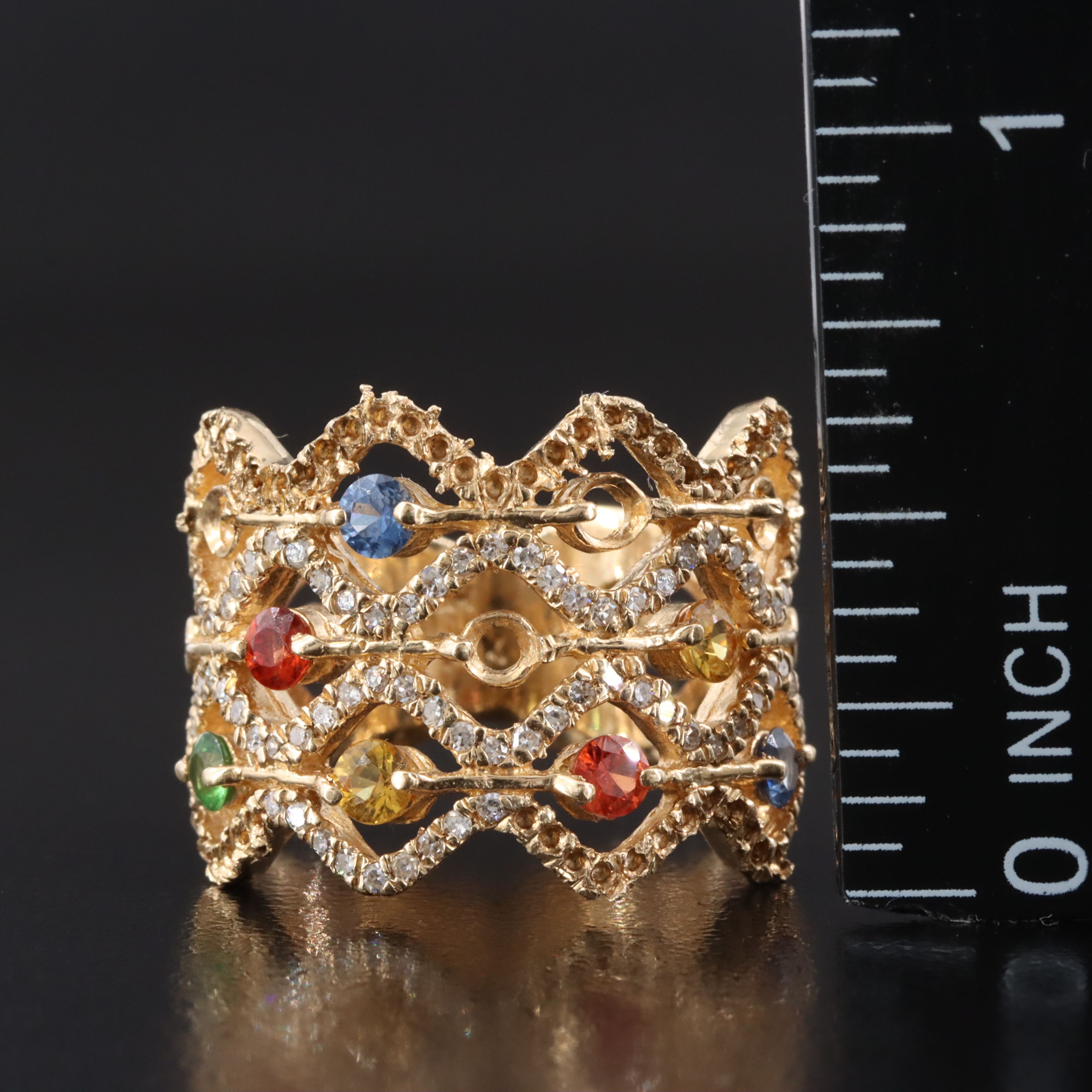 14K Sapphire, Tsavorite, and Diamond Wide Lattice Ring