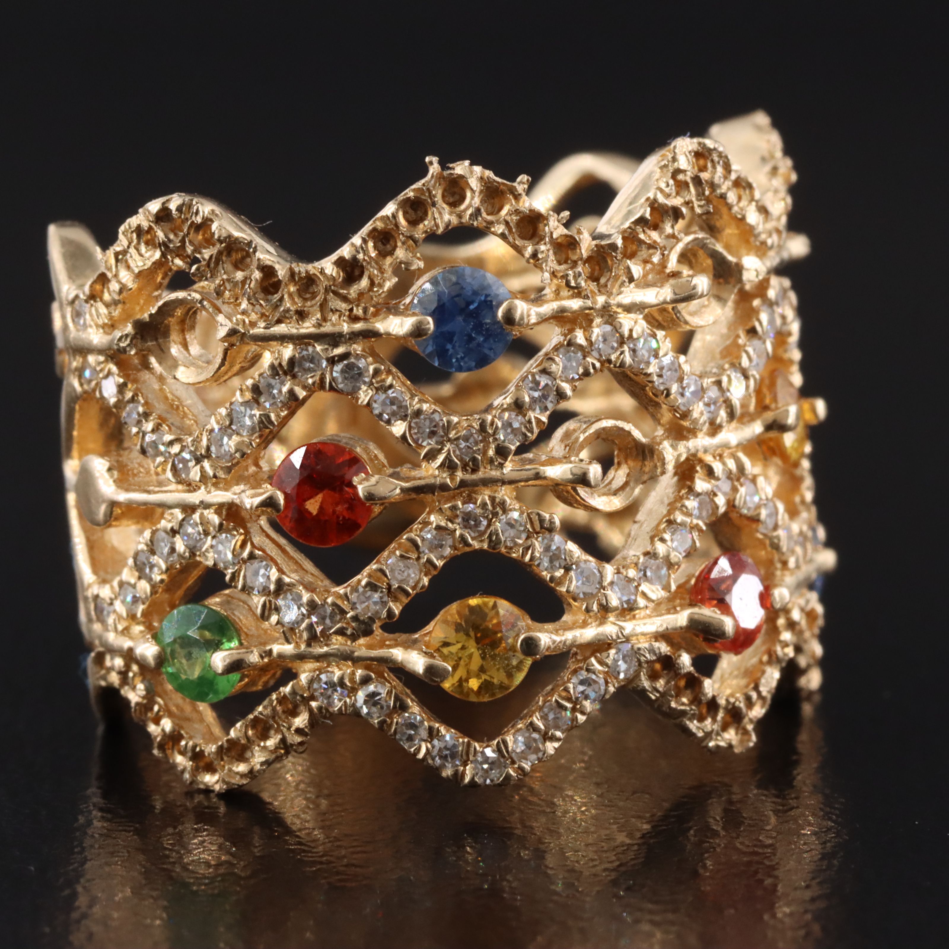 14K Sapphire, Tsavorite, and Diamond Wide Lattice Ring