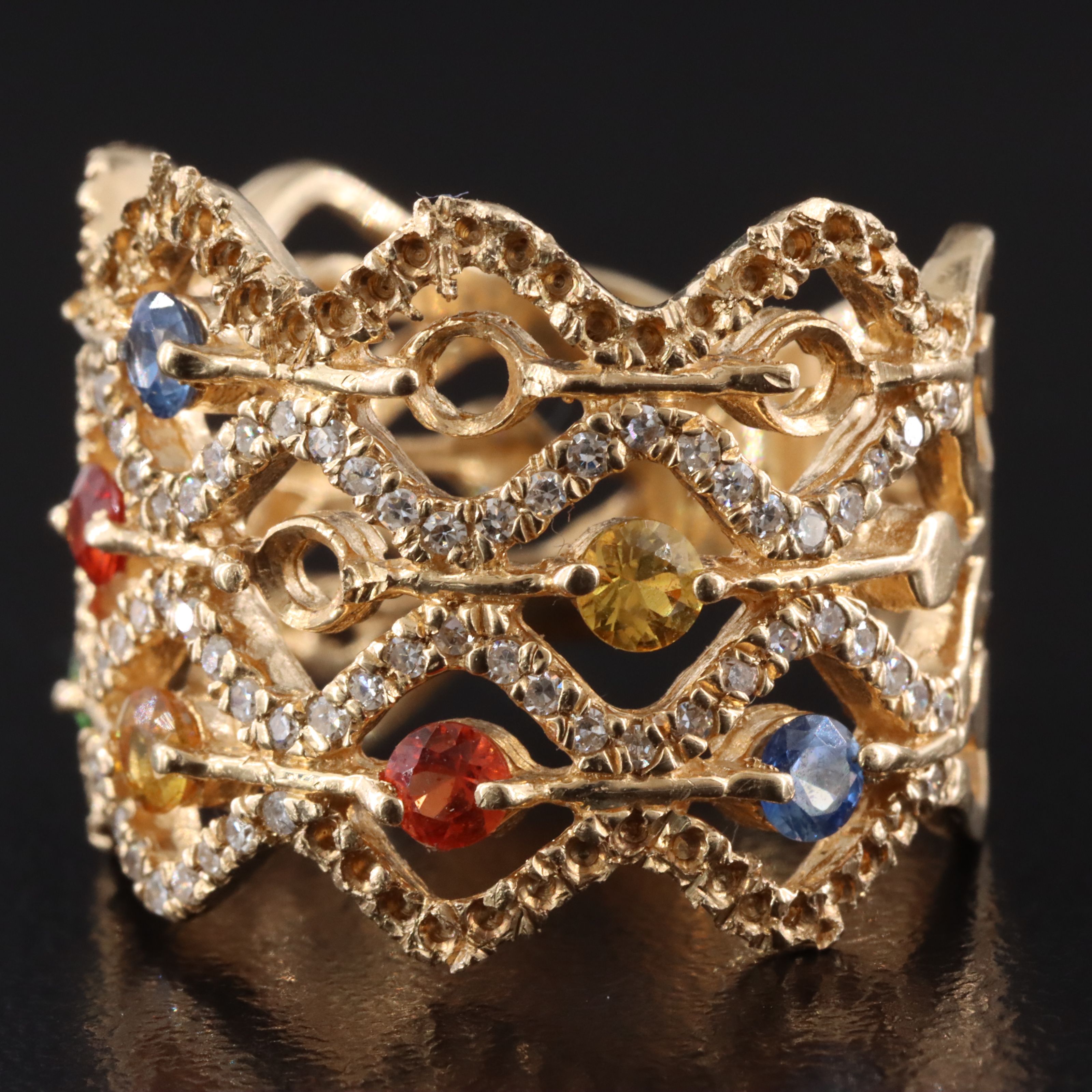 14K Sapphire, Tsavorite, and Diamond Wide Lattice Ring