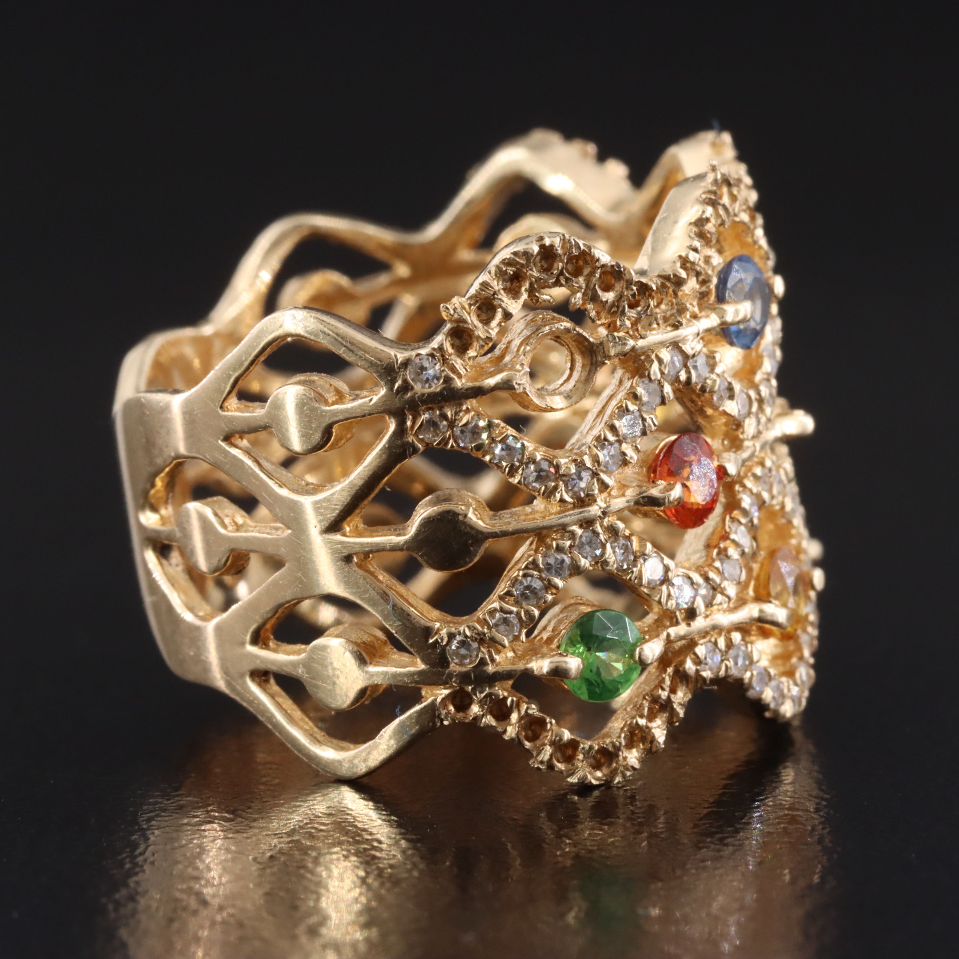14K Sapphire, Tsavorite, and Diamond Wide Lattice Ring