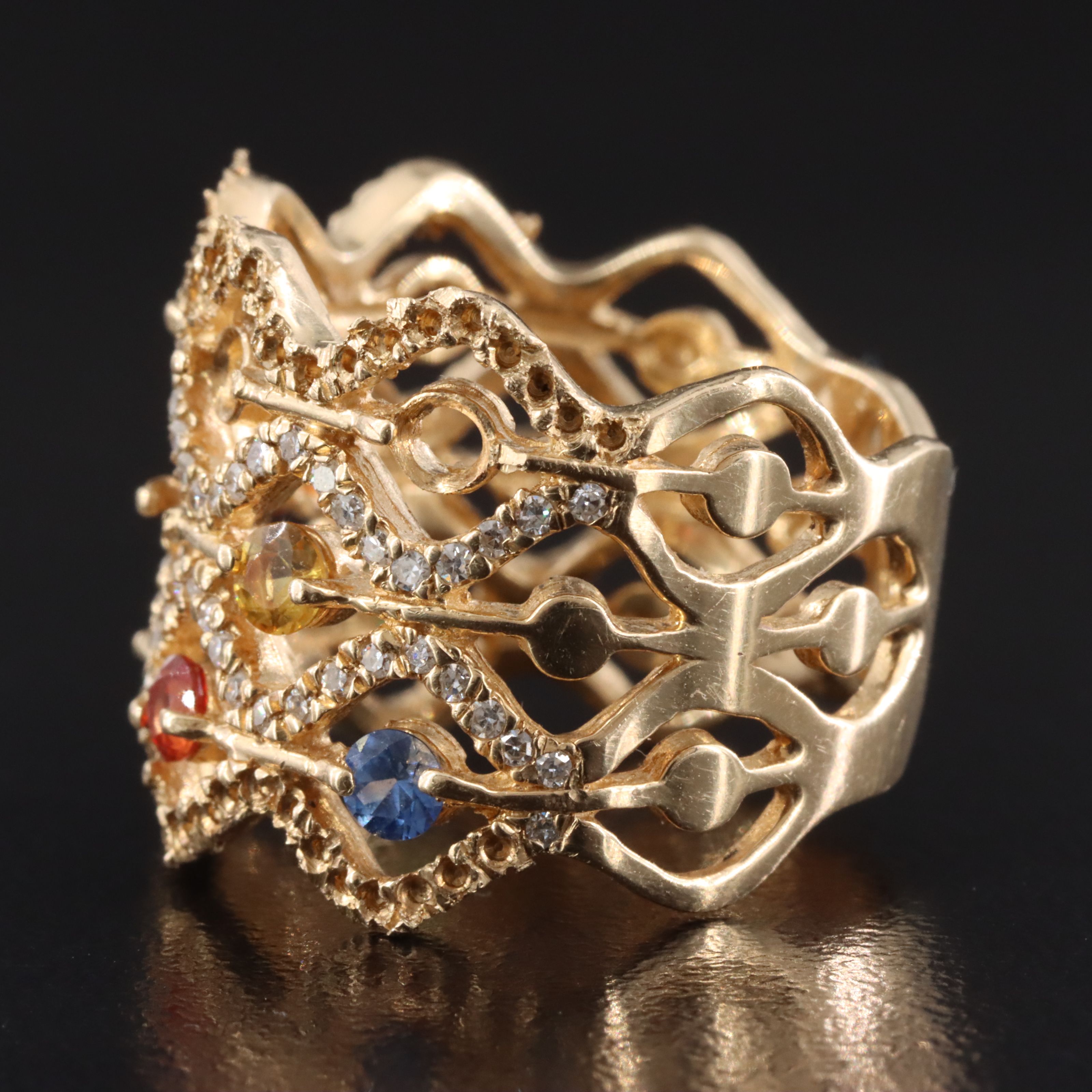 14K Sapphire, Tsavorite, and Diamond Wide Lattice Ring