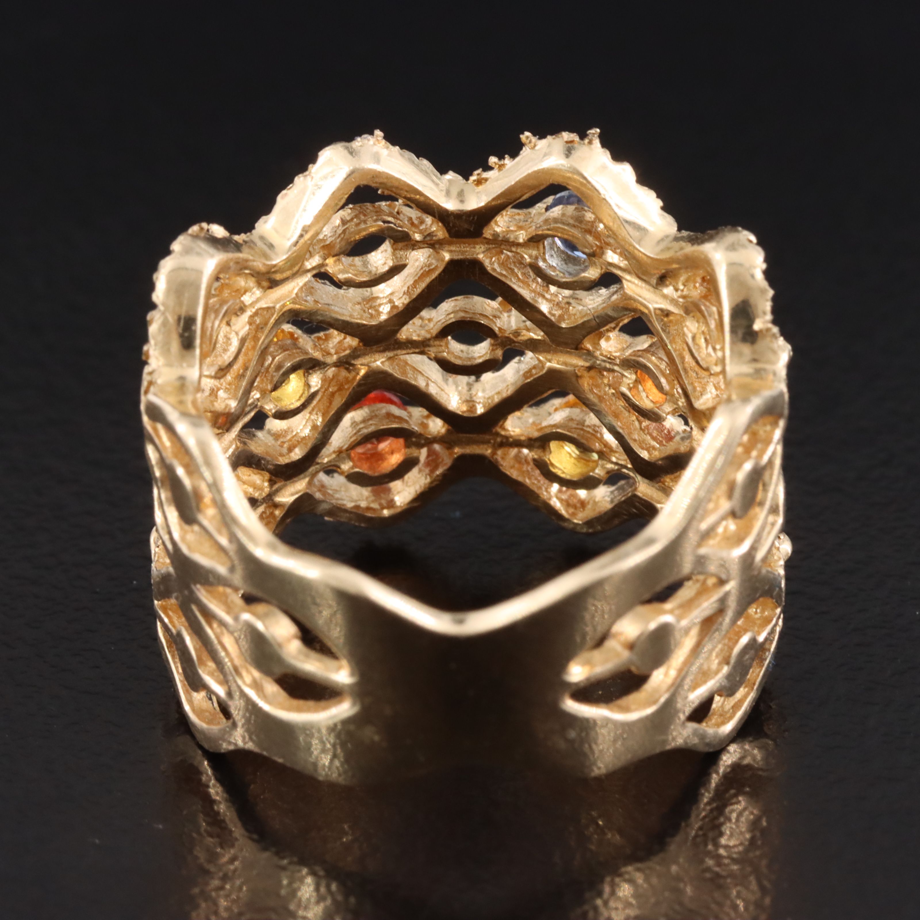 14K Sapphire, Tsavorite, and Diamond Wide Lattice Ring