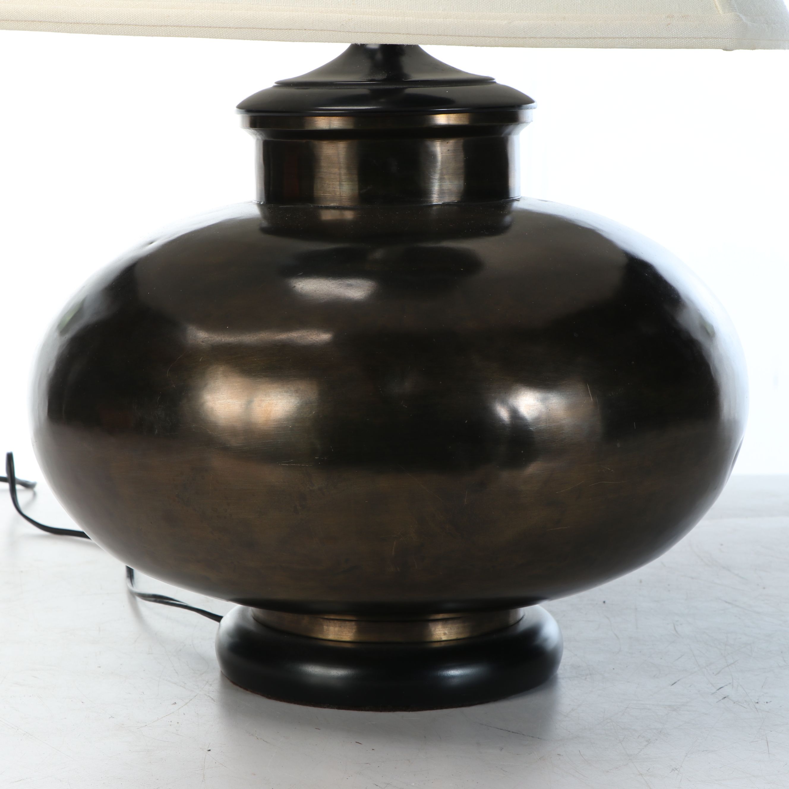Bulbous Form Bronzed Metal Vessel Table Lamp with Corset Shade