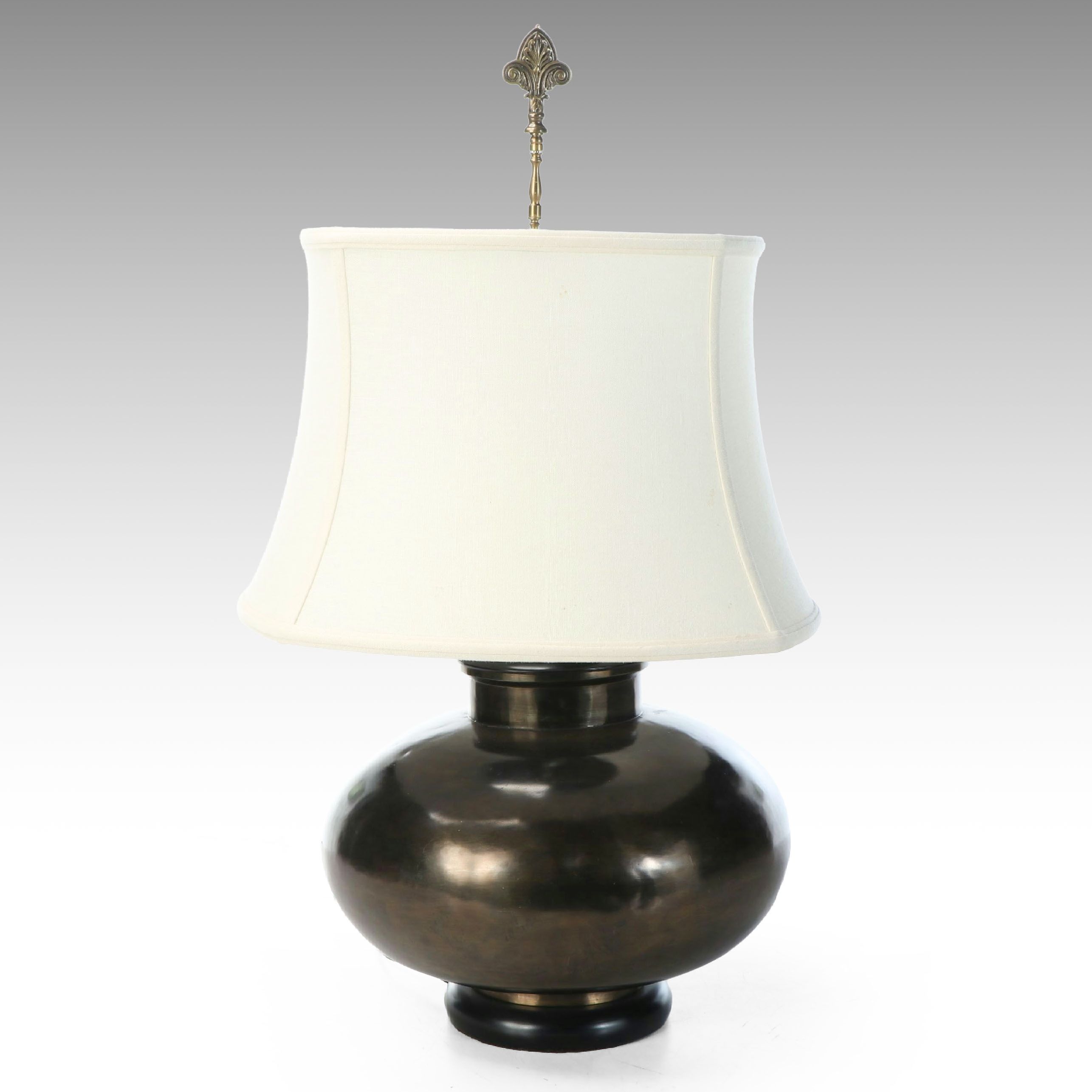 Bulbous Form Bronzed Metal Vessel Table Lamp with Corset Shade