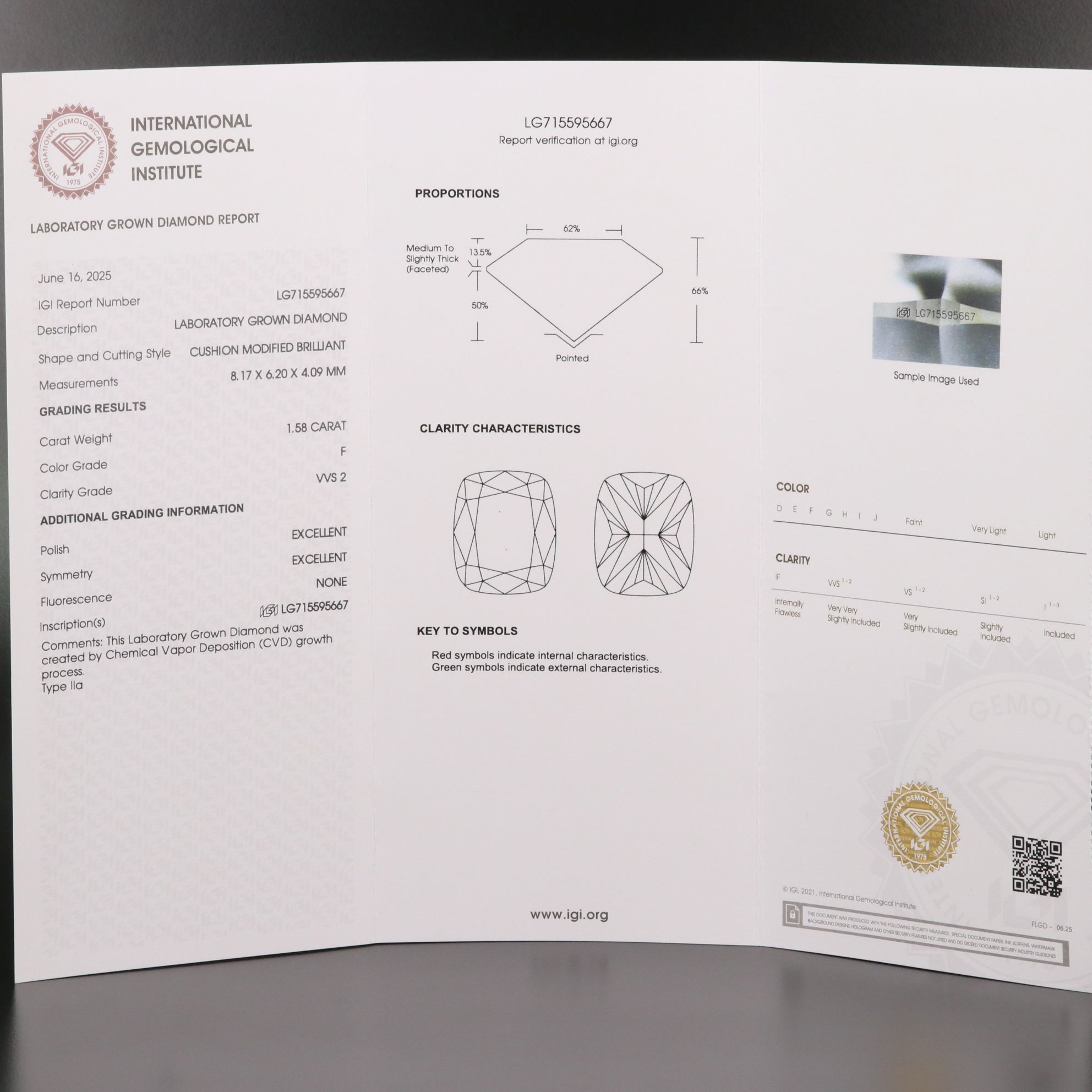 Loose 1.58 CT Lab Grown Diamond with IGI Report