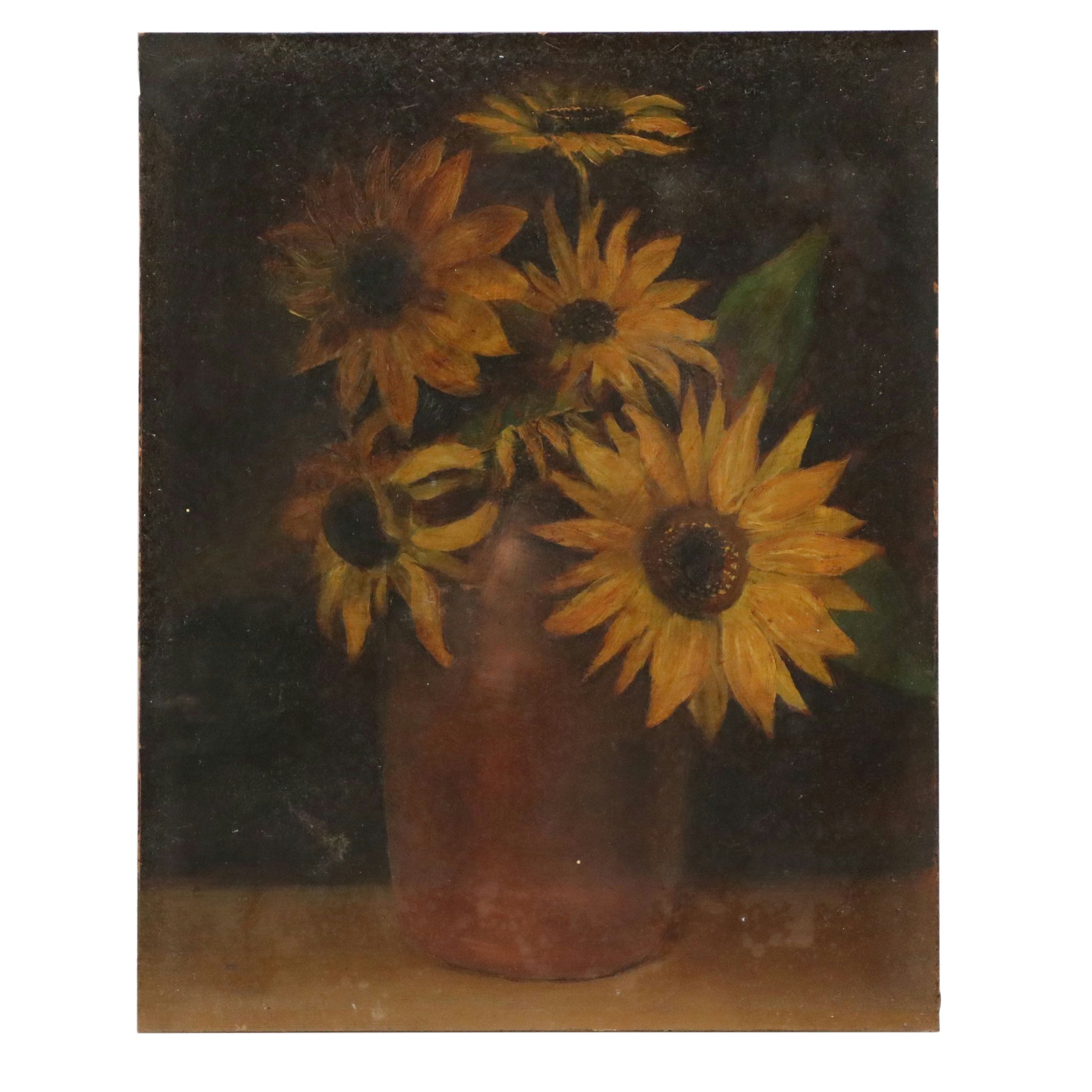 Oil Painting of Sunflowers in Vase, Mid-20th Century